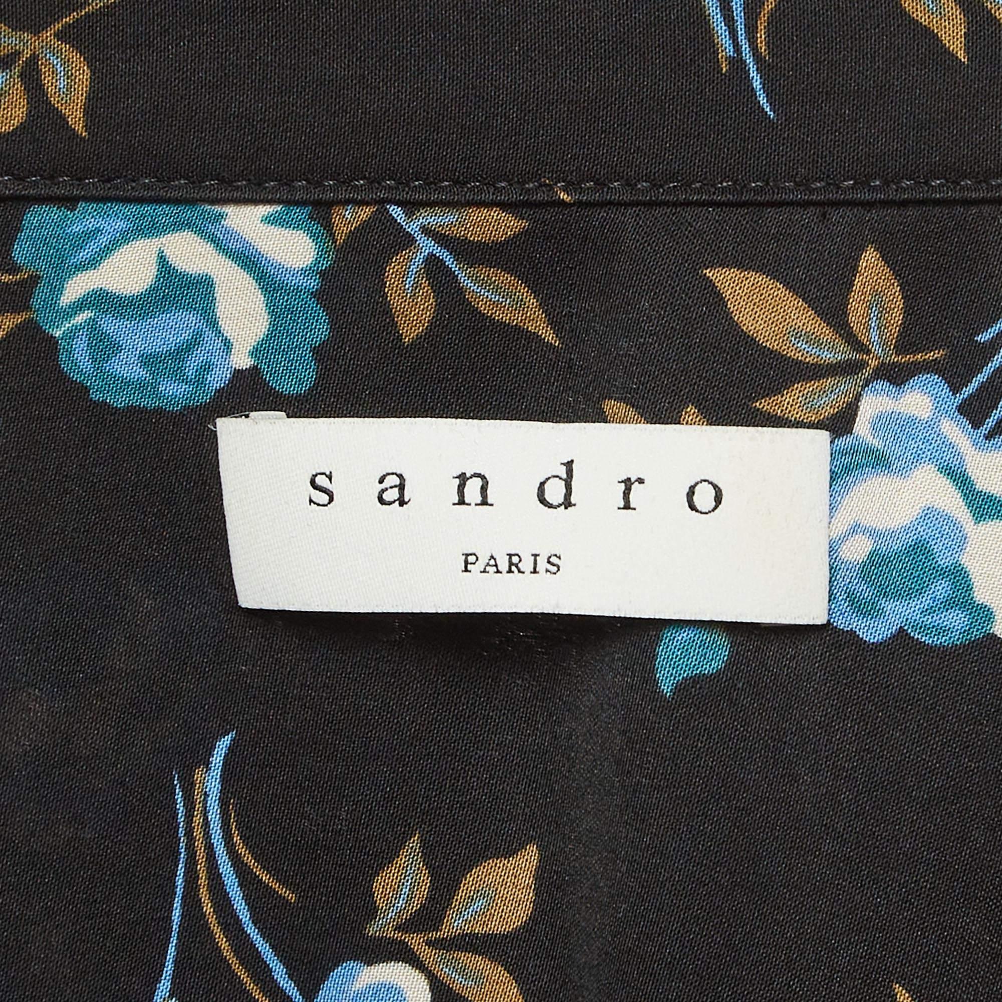 Women's Sandro Black Floral Print Satin Short Dress S For Sale