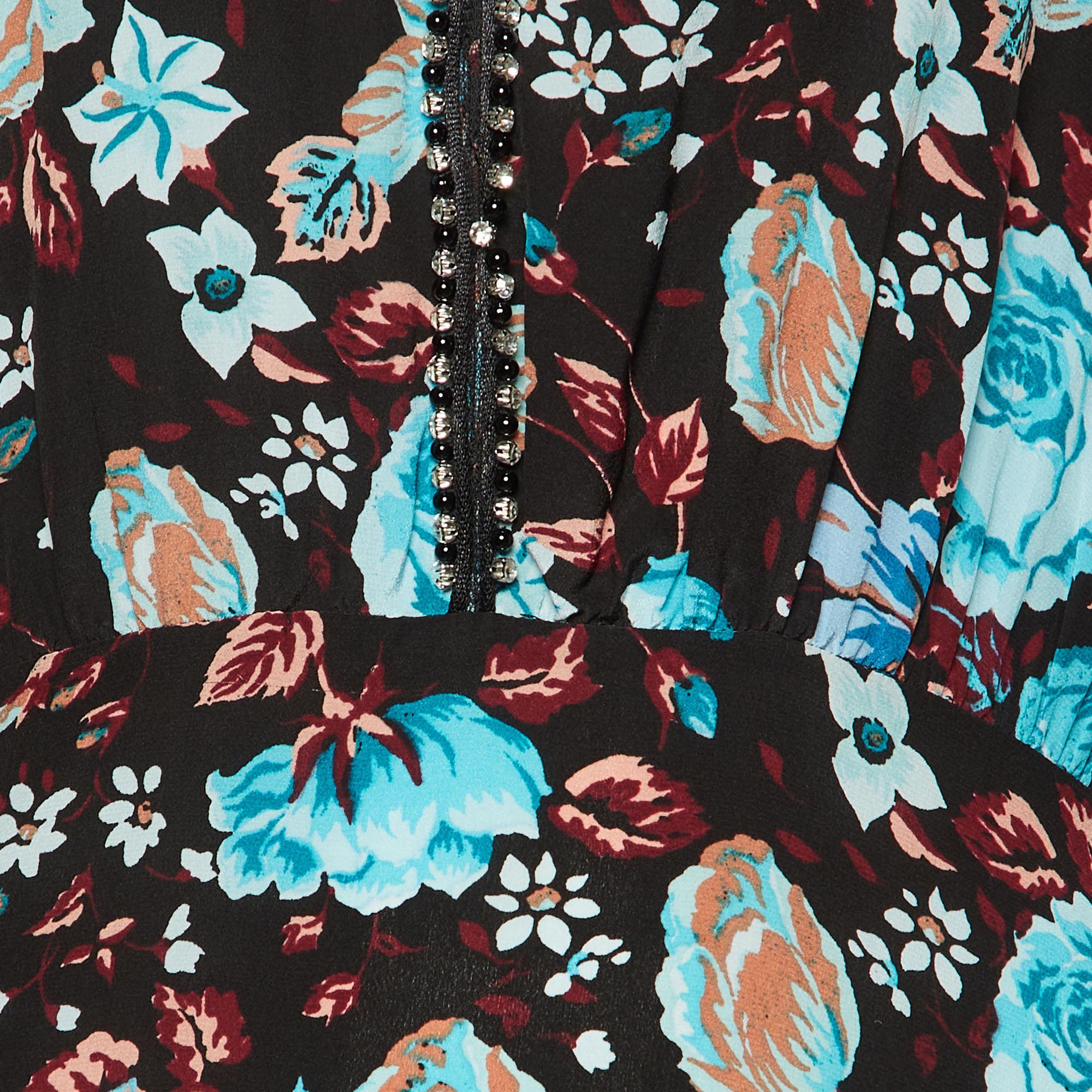 Sandro Black Floral Printed Silk Midi Dress S In Good Condition For Sale In Dubai, Al Qouz 2