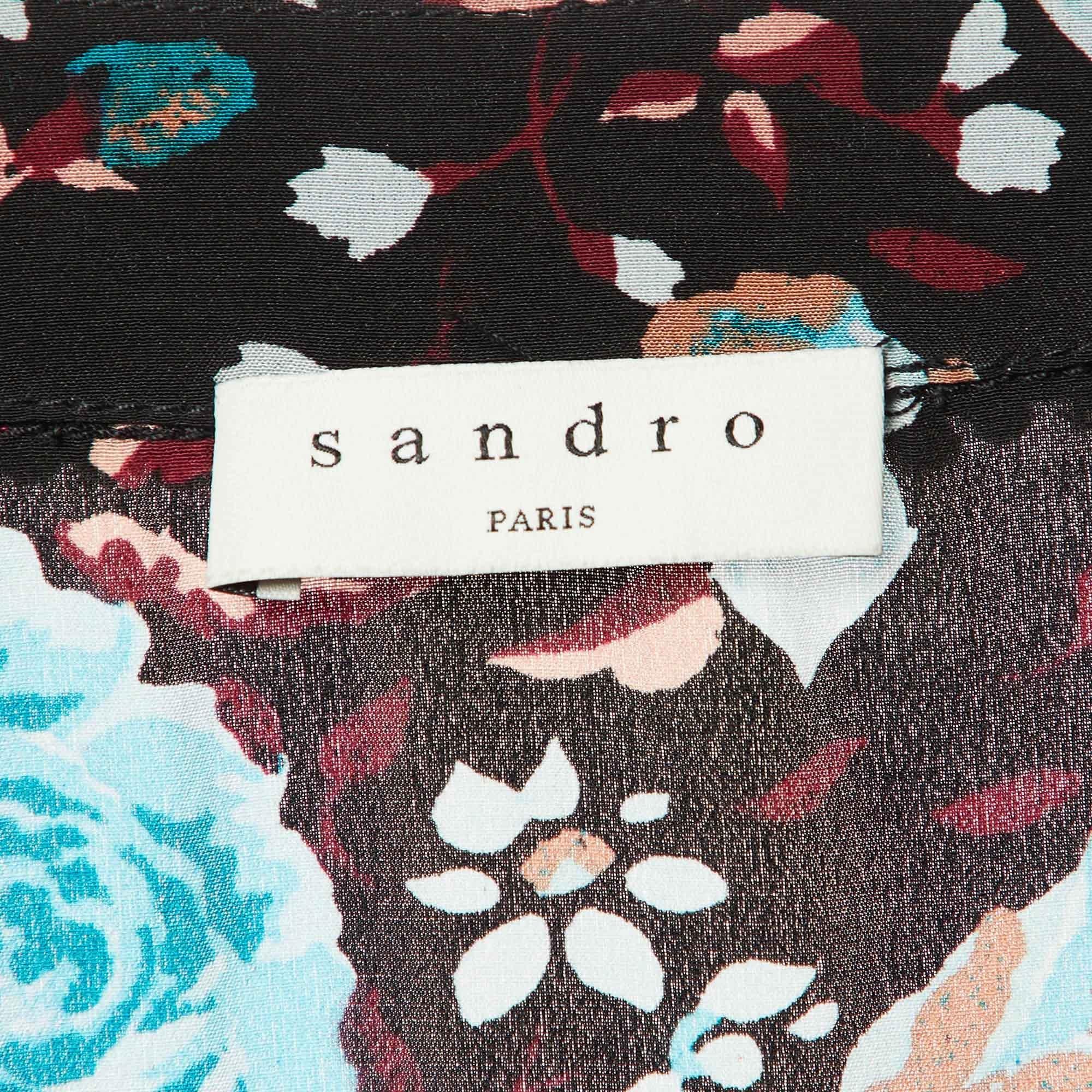 Women's Sandro Black Floral Printed Silk Midi Dress S For Sale