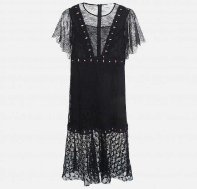 Donna Sandro, abito midi Priscilla con sovrapposizione di pizzo nero M. in vendita