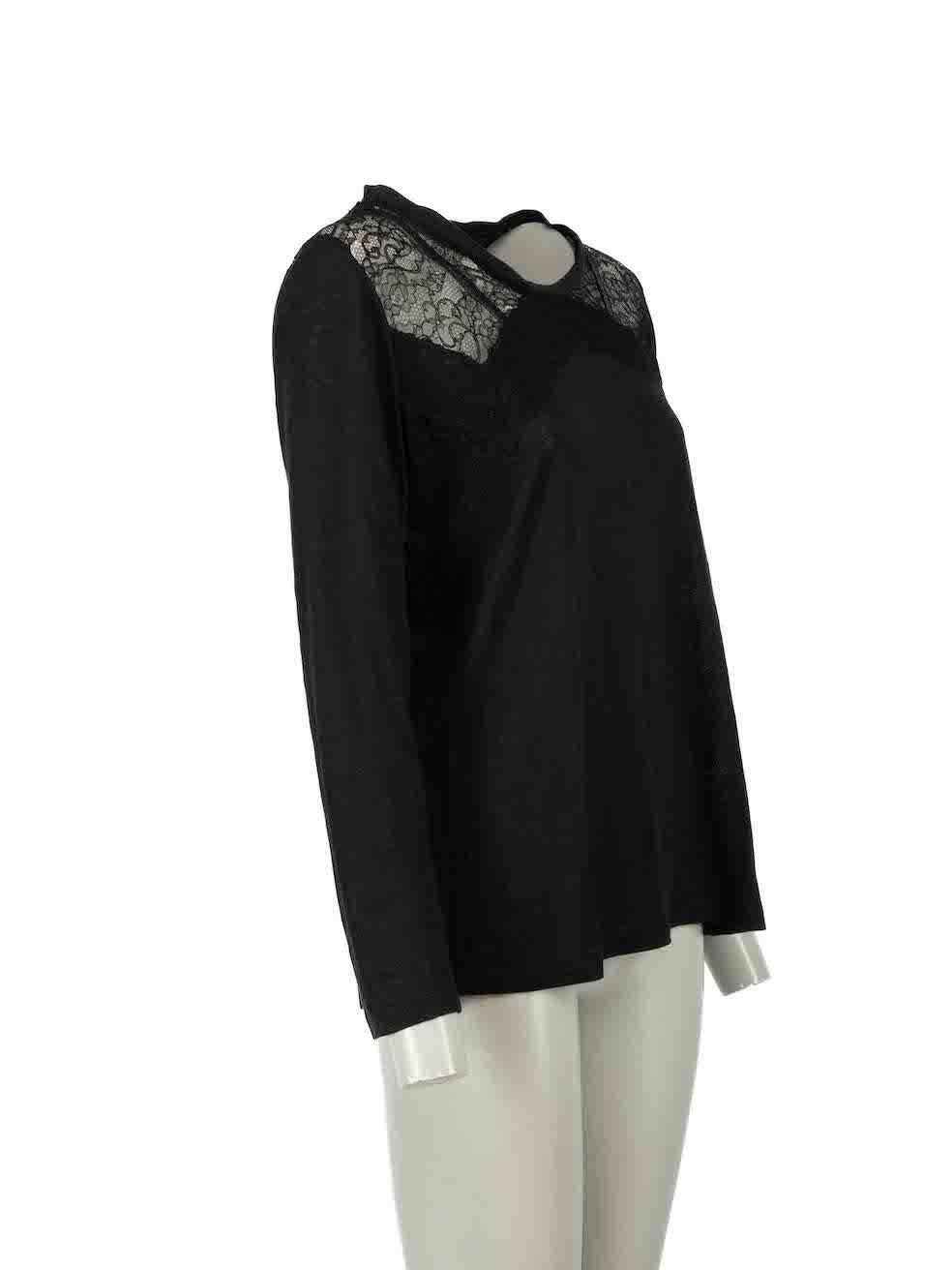 CONDITION is Very good. Hardly any visible wear to jumper is evident on this used Sandro designer resale item.
 
Details
Black
Linen
Long sleeves jumper
Knitted and stretchy
Slightly sheer
Round neckline 
Lace trim
 
Made in Portugal
 
Composition