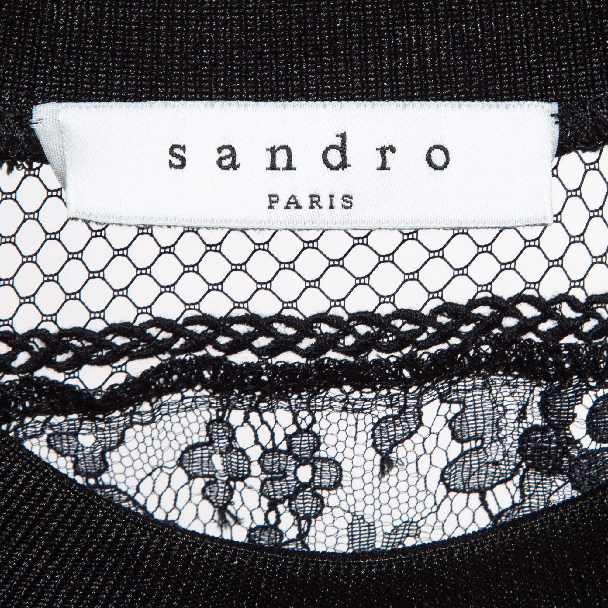 Women's Sandro Black Lace Trim Crepe Crew Neck Top S For Sale
