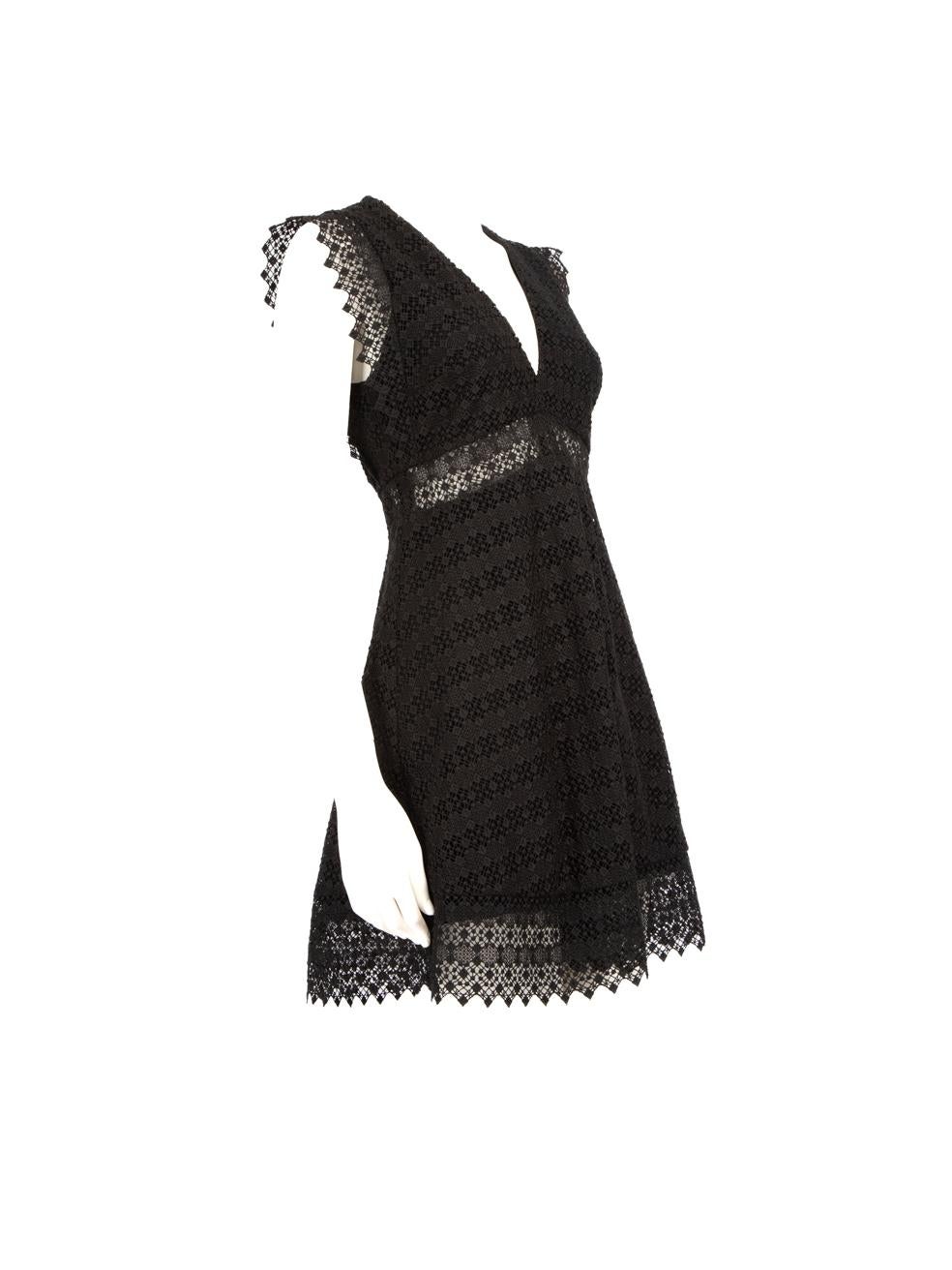 CONDITION is Very good. Minimal wear to the dress is evident. Light discolouration under both armpits on this used Sandro designer resale item.
 
 Details
 
 
 Black
 
 Polyester
 
 Dress
 
 Mini
 
 Short sleeves
 
 Lace
 
 See-through waist
 
