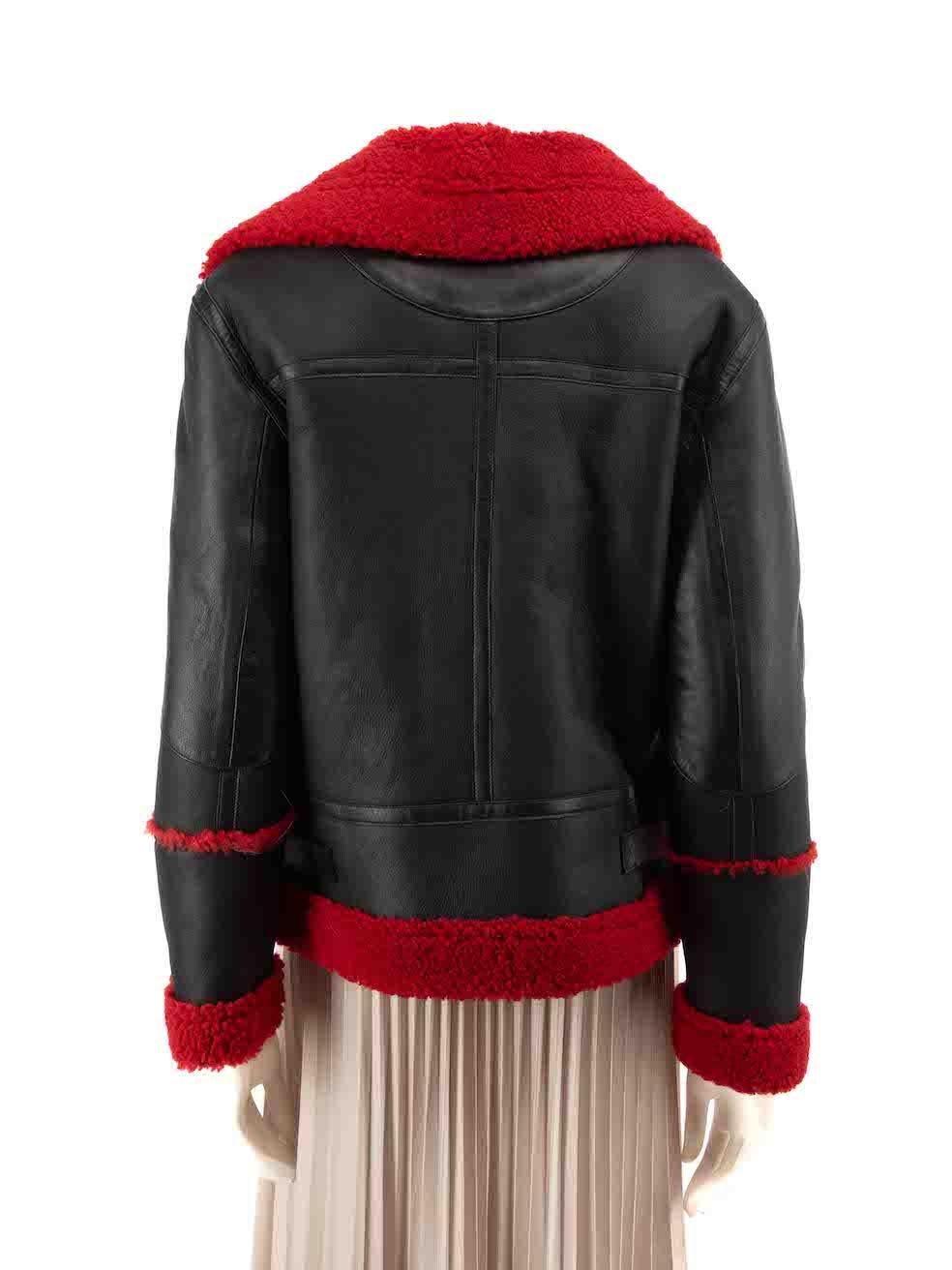 Sandro Black Leather Red Shearling Lined Jacket Size L In New Condition In London, GB