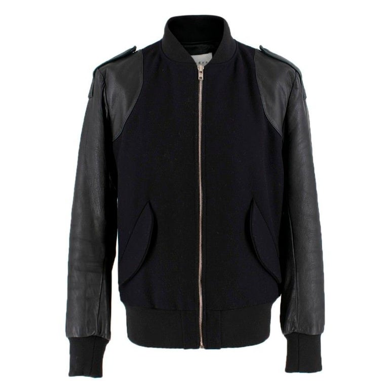 Sandro Black Leather Sleeve Bomber Jacket For Sale at 1stdibs