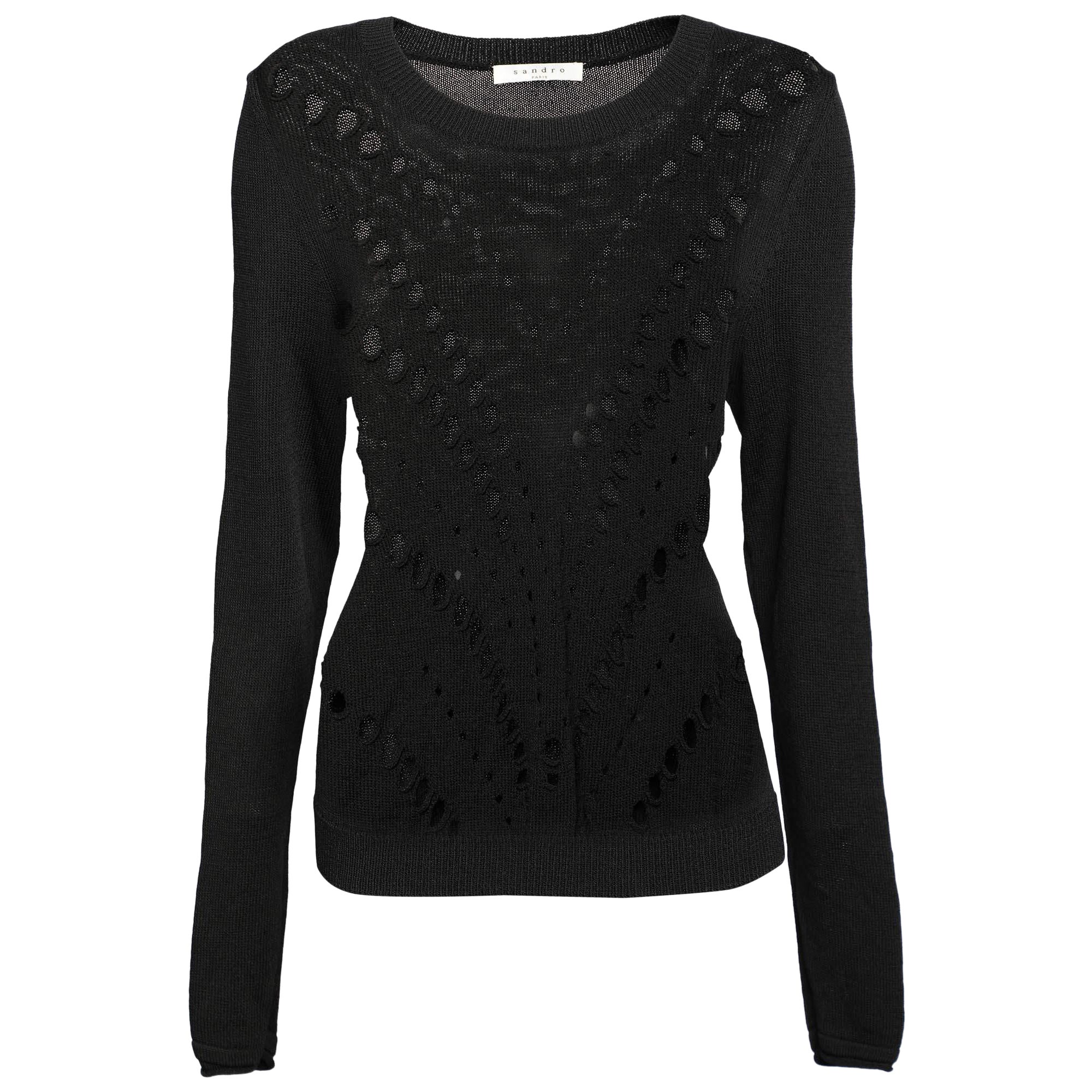 Sandro Schwarzer Perforierter Strickpullover mit langen Ärmeln L