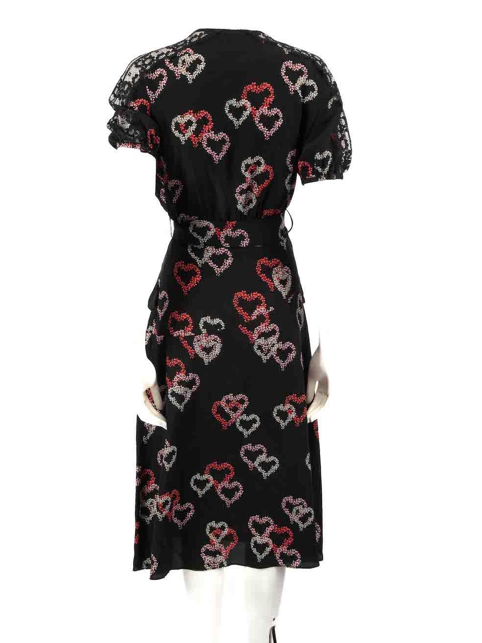 Sandro Black Silk Floral Heart Print Midi Dress Size XS In Excellent Condition In London, GB