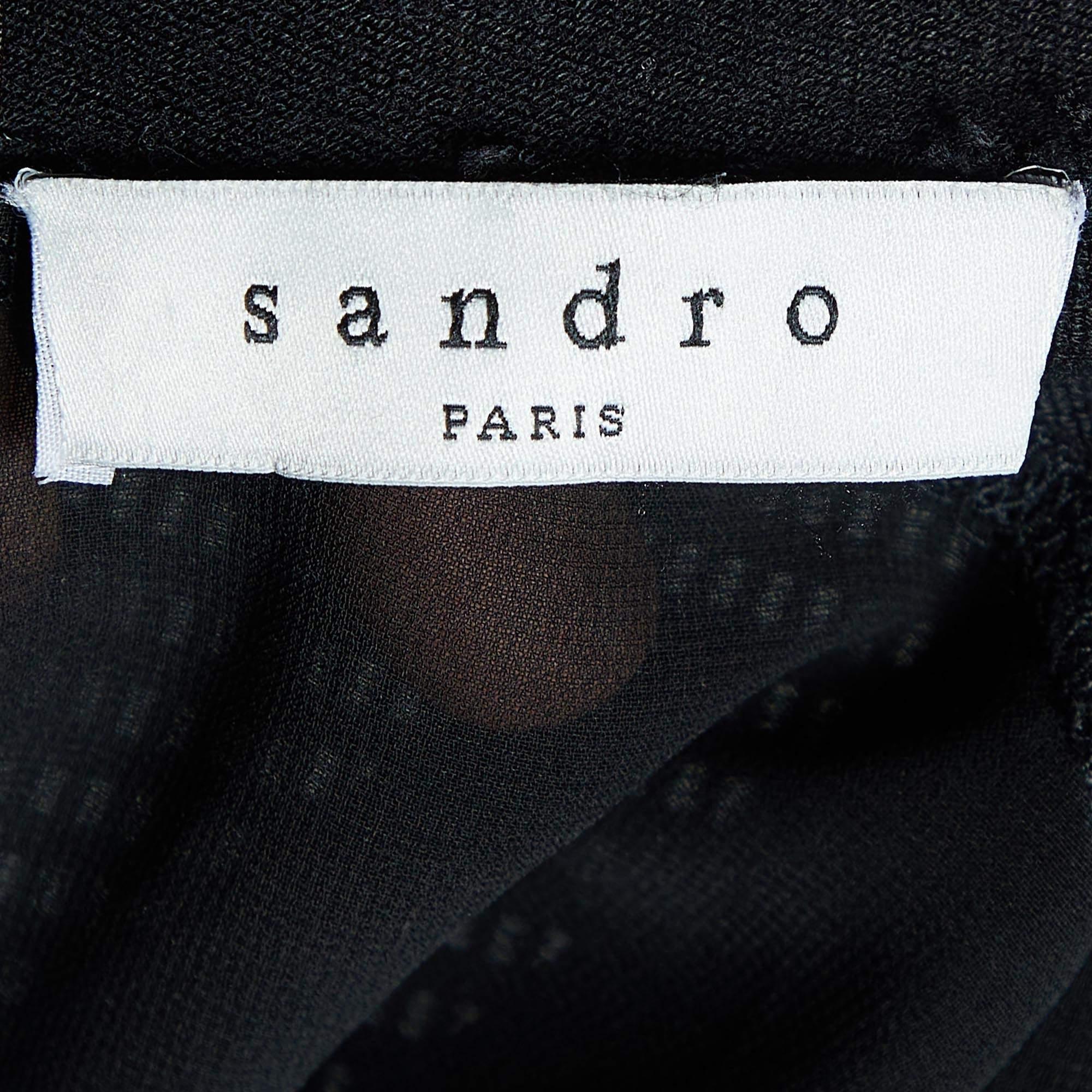 Women's Sandro Black Silk & Knit Paneled Long Sleeve Top M For Sale