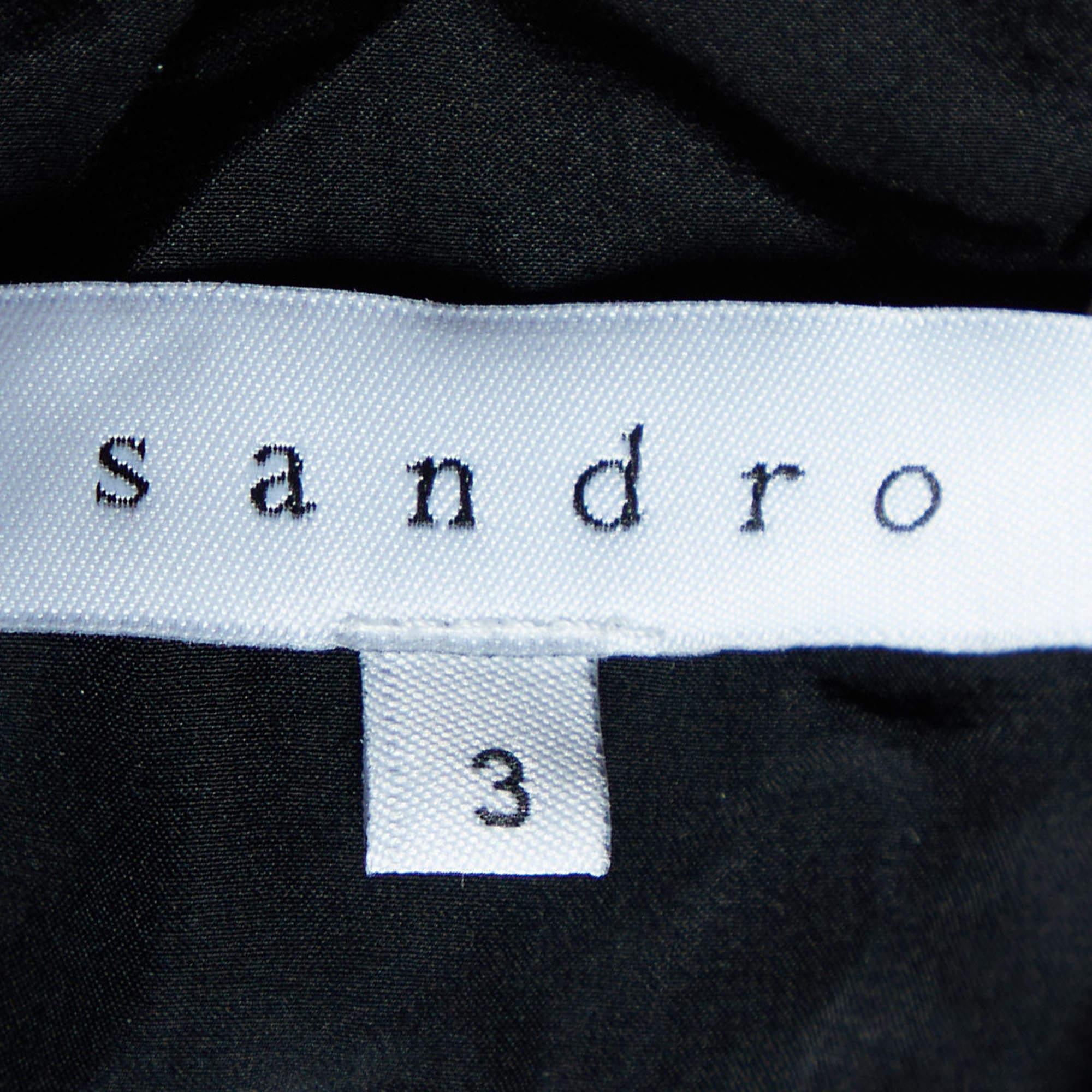Women's Sandro Black Terry & Leather Short Sleeve Blouse L For Sale