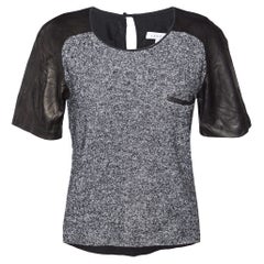 Sandro Blusa negra de rizo y piel de manga corta L