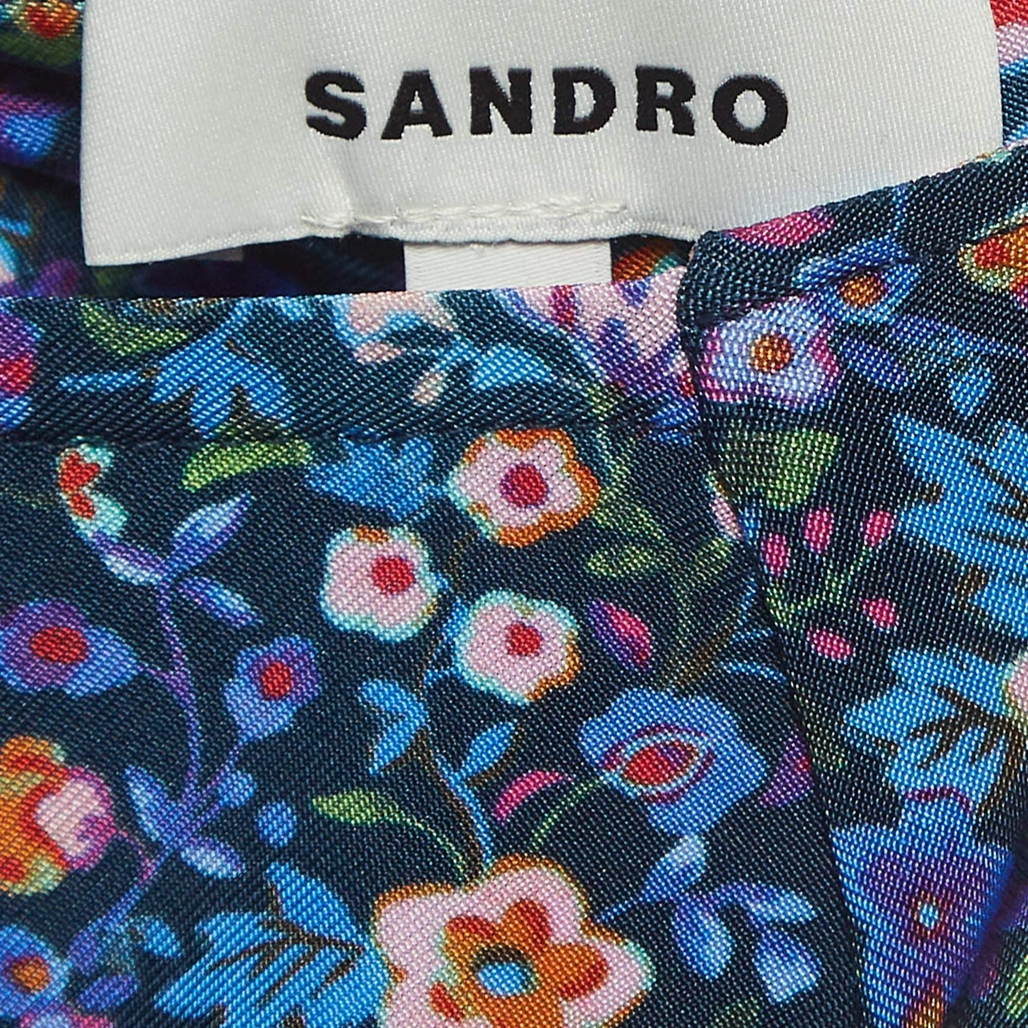 Sandro Blaues, floral bedrucktes Jersey-Spinelle-Minikleid XS Damen im Angebot