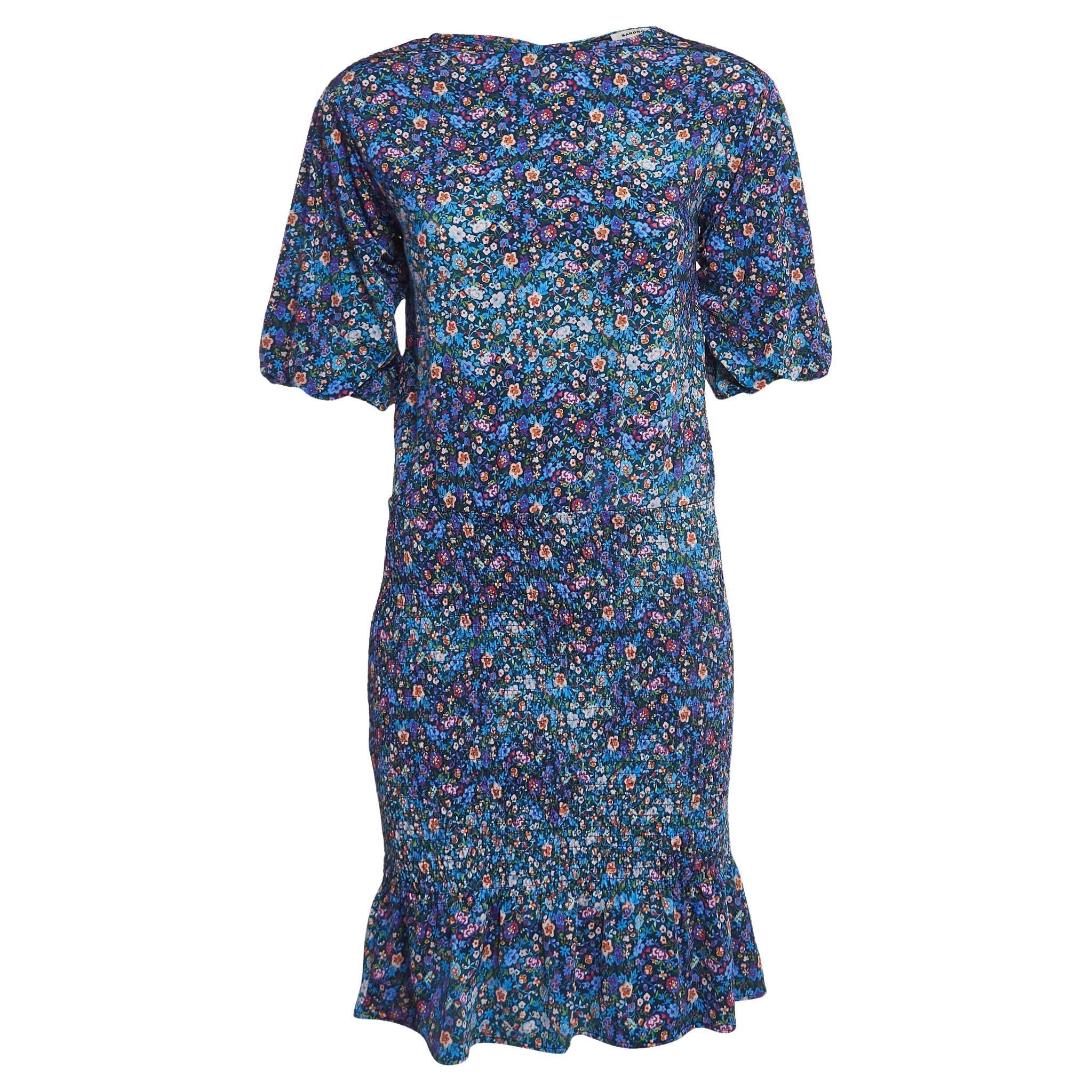 Sandro Blaues, floral bedrucktes Jersey-Spinelle-Minikleid XS im Angebot