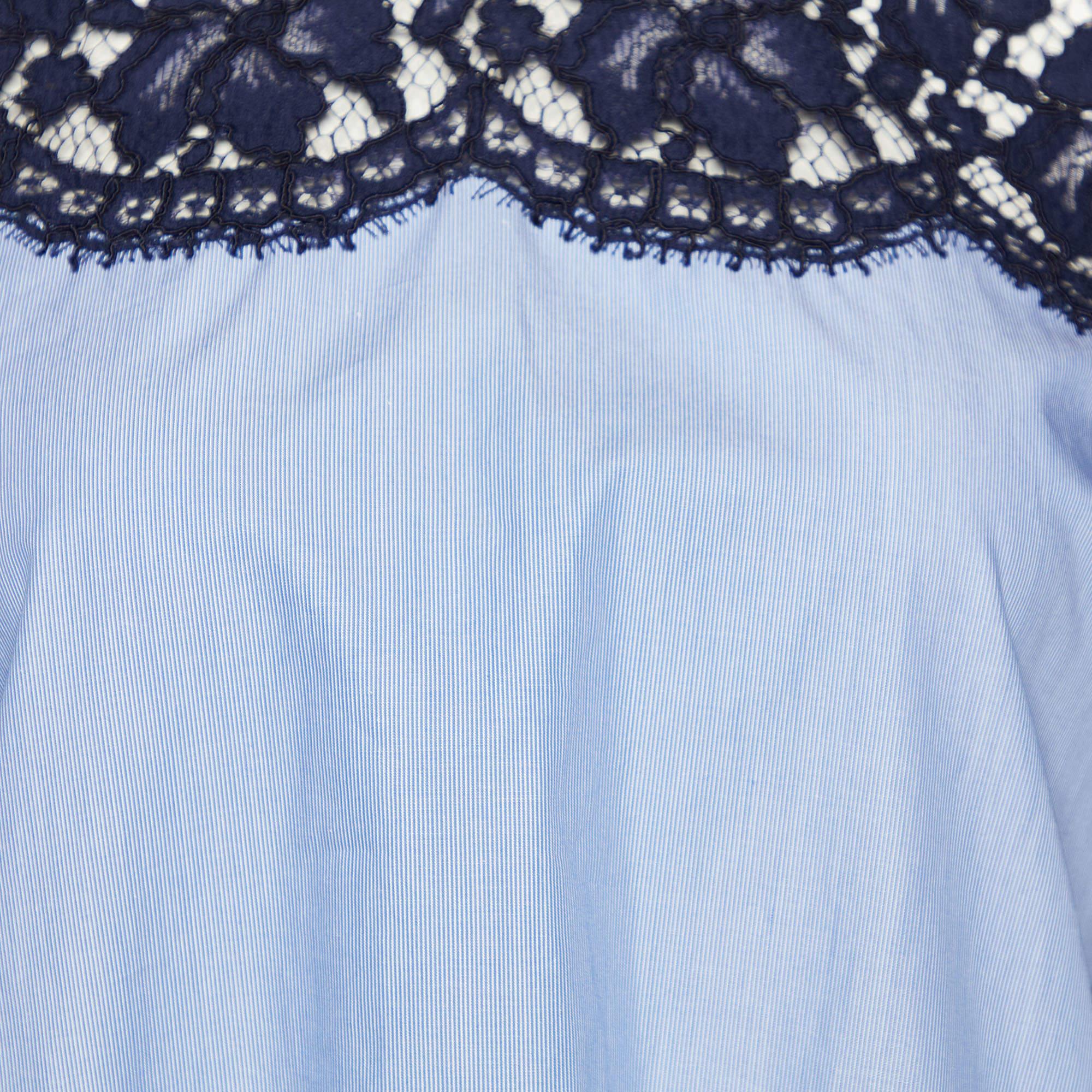 Black Sandro Blue Lace and Cotton High Neck Blouse M For Sale