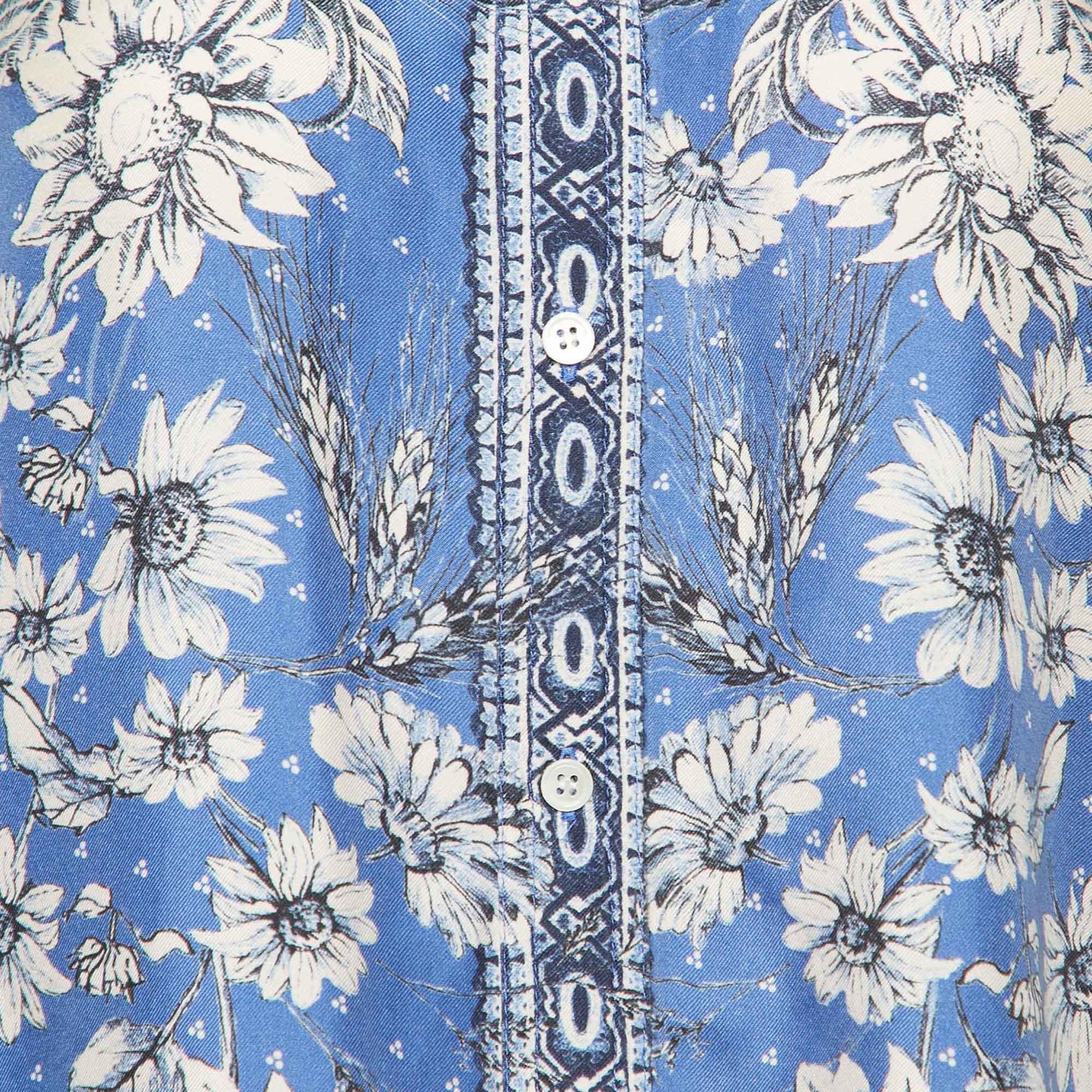 Sandro Blue Printed Silk Twill Shirt M In Good Condition In Dubai, Al Qouz 2