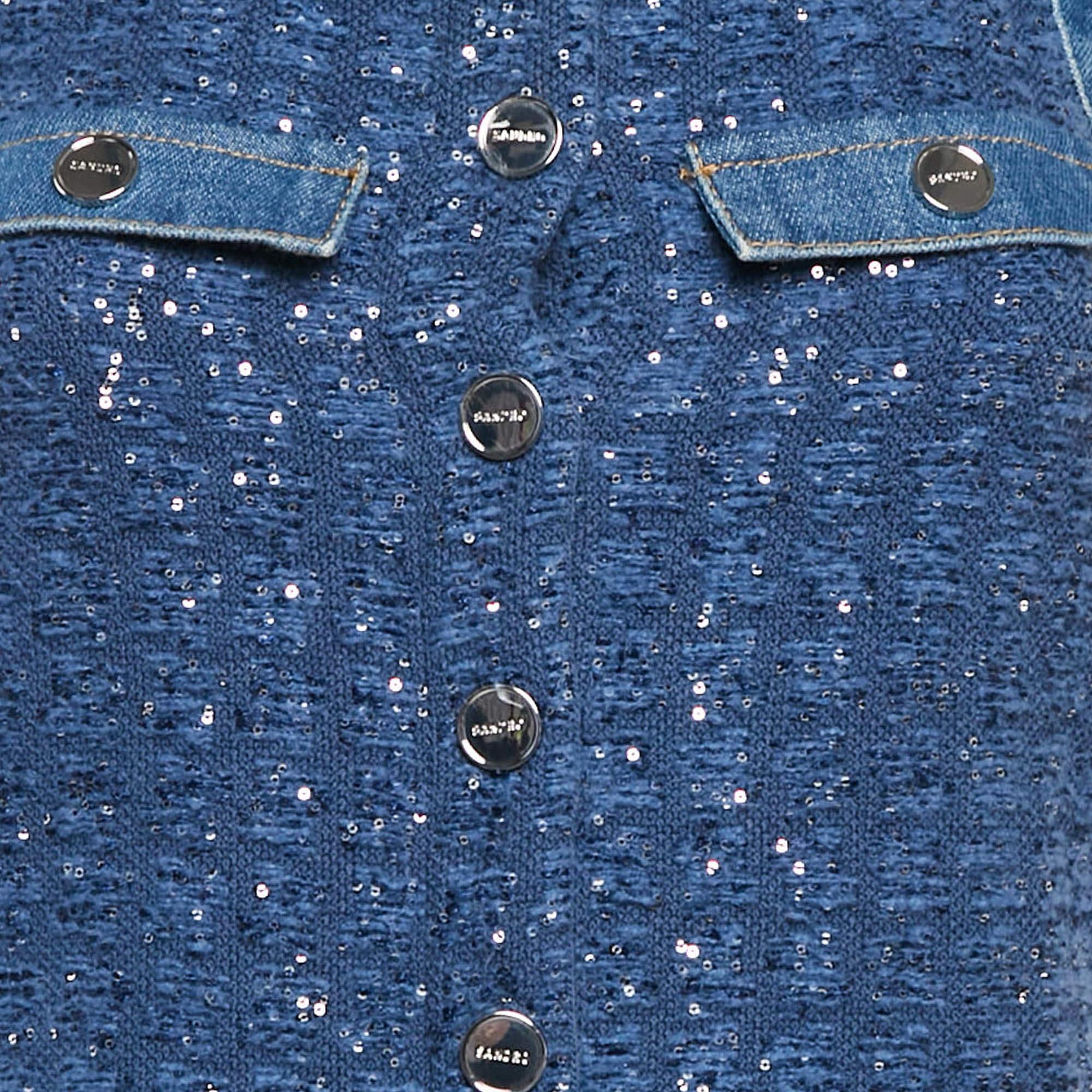 Sandro Blue Sequin Tweed Buttoned Trapeze Mini Dress XS In Excellent Condition For Sale In Dubai, Al Qouz 2