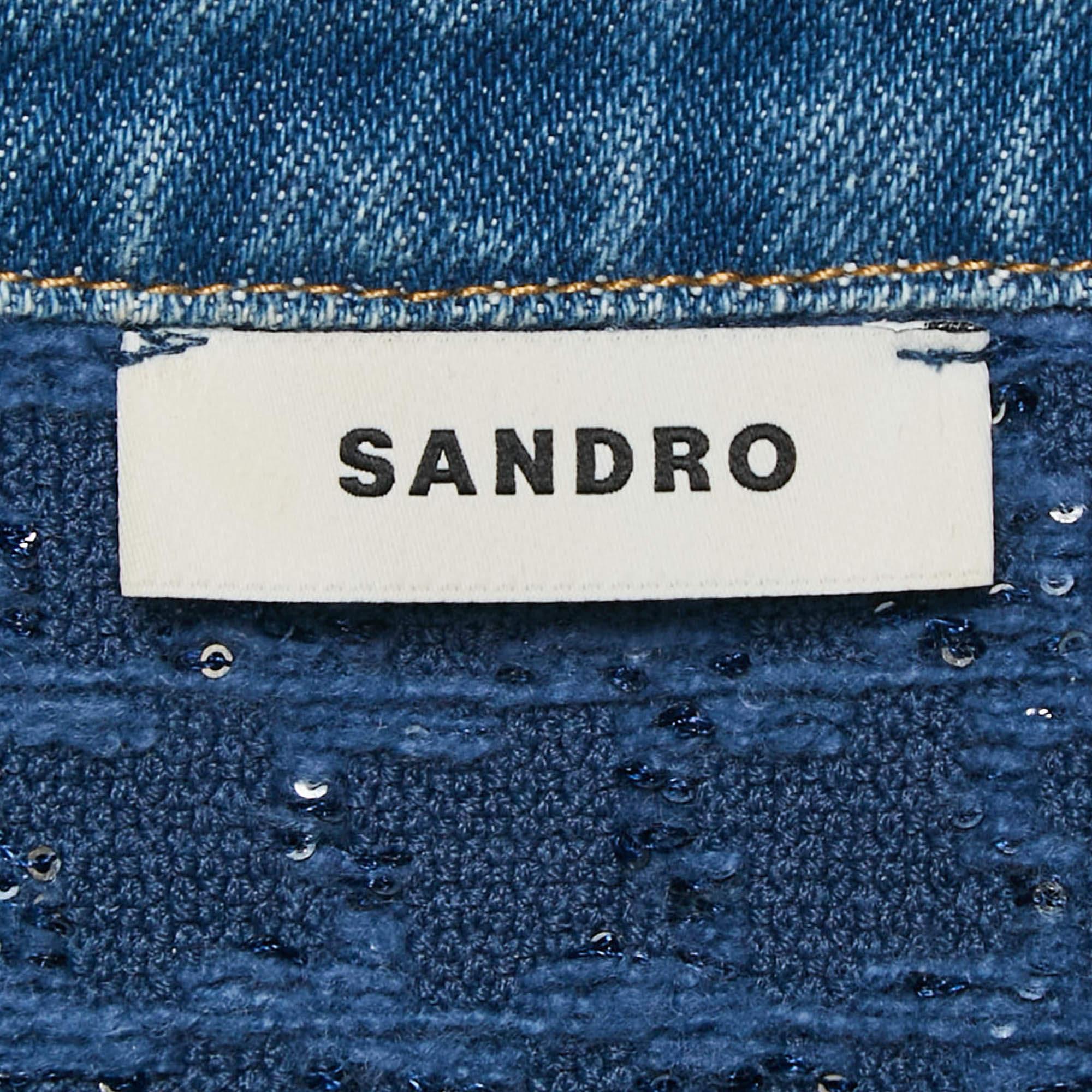 Women's Sandro Blue Sequin Tweed Buttoned Trapeze Mini Dress XS For Sale