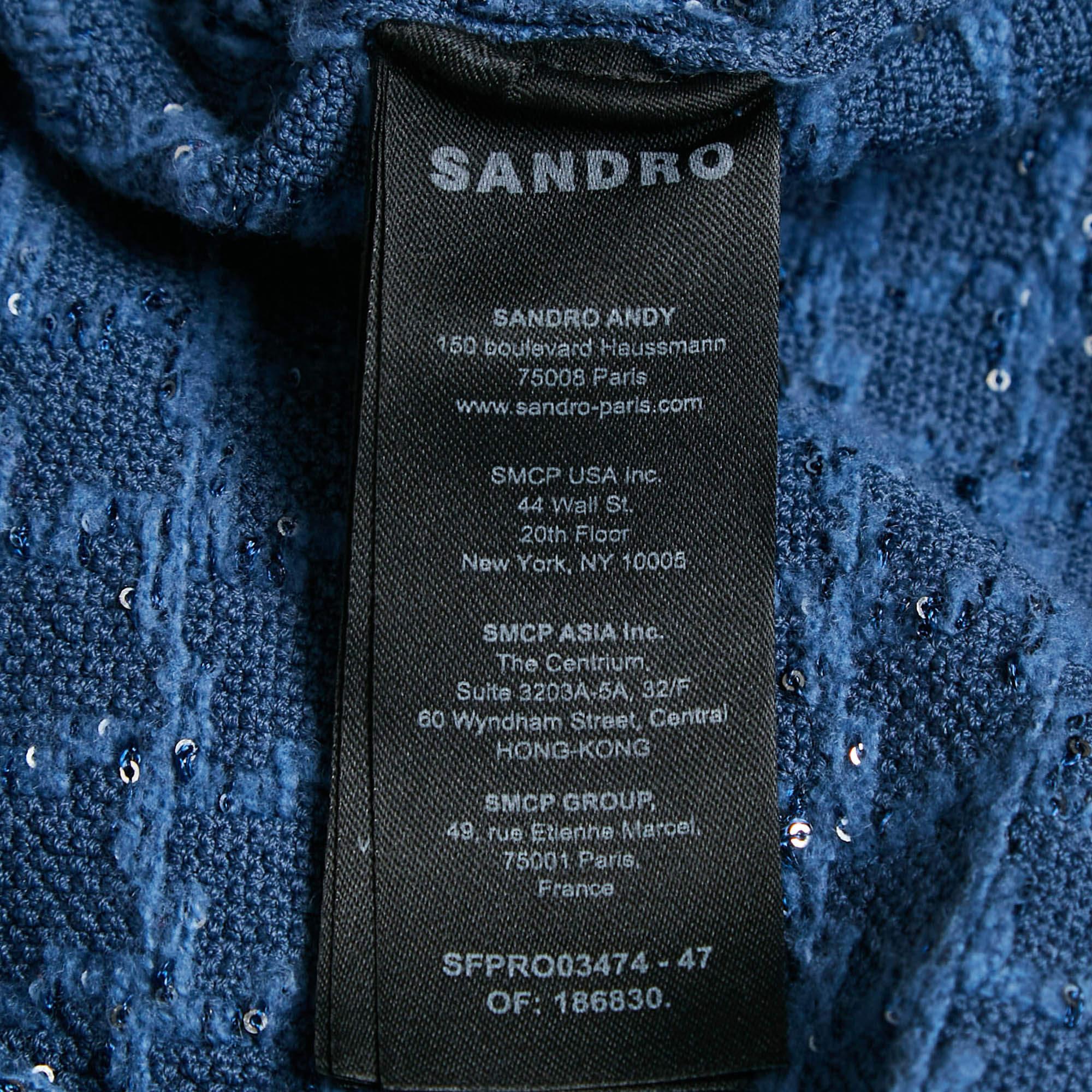 Sandro Blue Sequin Tweed Buttoned Trapeze Mini Dress XS For Sale 1