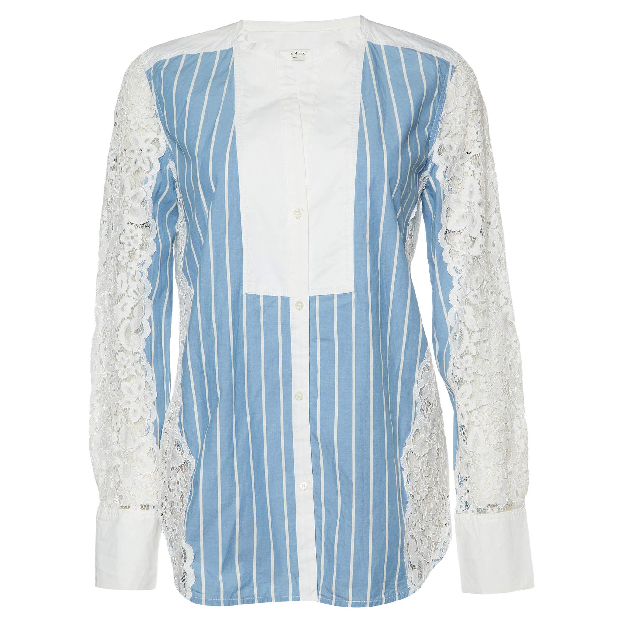 Sandro Blue Striped Cotton & Lace Shirt S For Sale