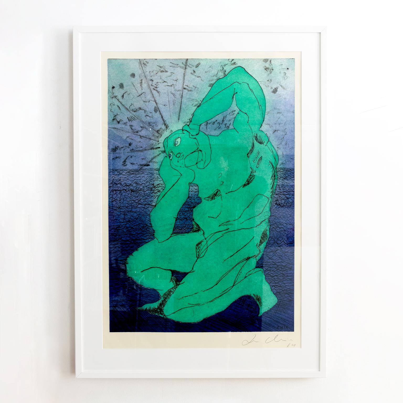 Post Modernist master Sandro Chia aquatint with etching print of a nude male figure in green and blue. This piece is titled “Man & Sea” and is signed and dated 1984.

White wood frame. Framed size: 48” x 32”. 
Visible print size: 38” x 25”.