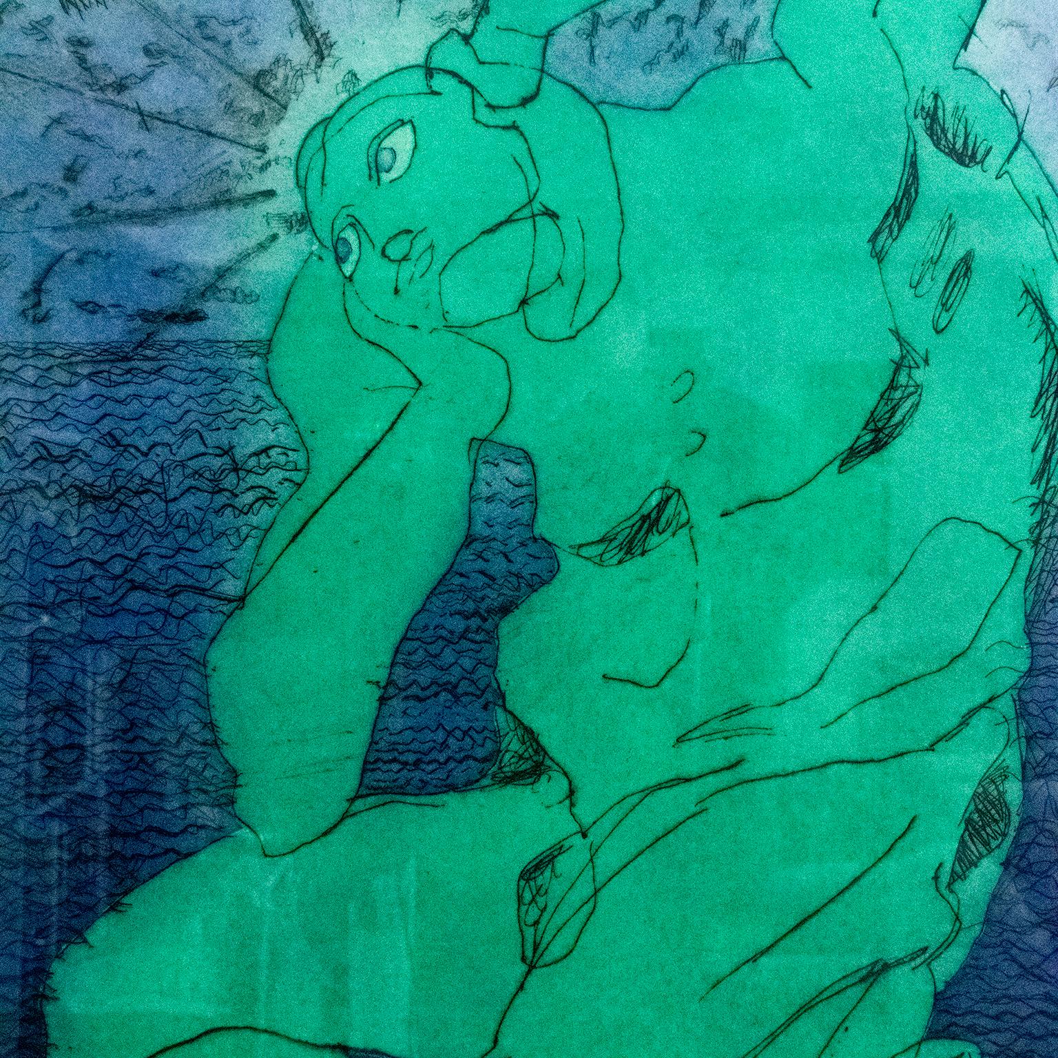 American Sandro Chia Aquatint Print in Green & Blue, 