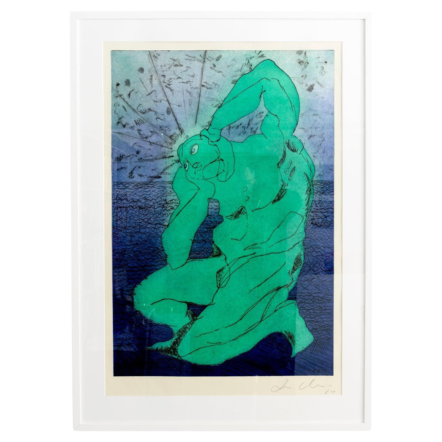 Sandro Chia Aquatint Print in Green & Blue, « Man & Sea » Post Modern