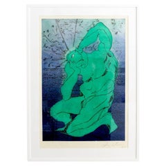 Sandro Chia Aquatint Print in Green & Blue, "Man & Sea" Post Modern