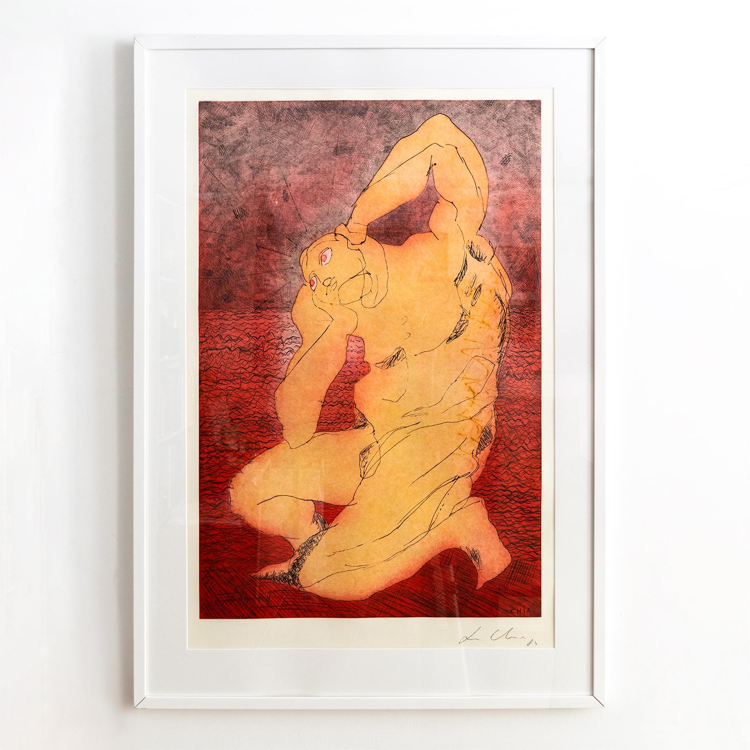 Post Modernist master Sandro Chia aquatint with etching print of a nude male figure in red and reddish yellow. This piece is titled “Man & Sea” and is signed and dated 1984. 

White wood frame. Framed size: 48” x 32”. 

Visible print size: 38” x