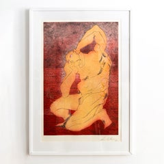 Sandro Chia Aquatint Print in Red & Yellow, « Man & Sea » Post Modern