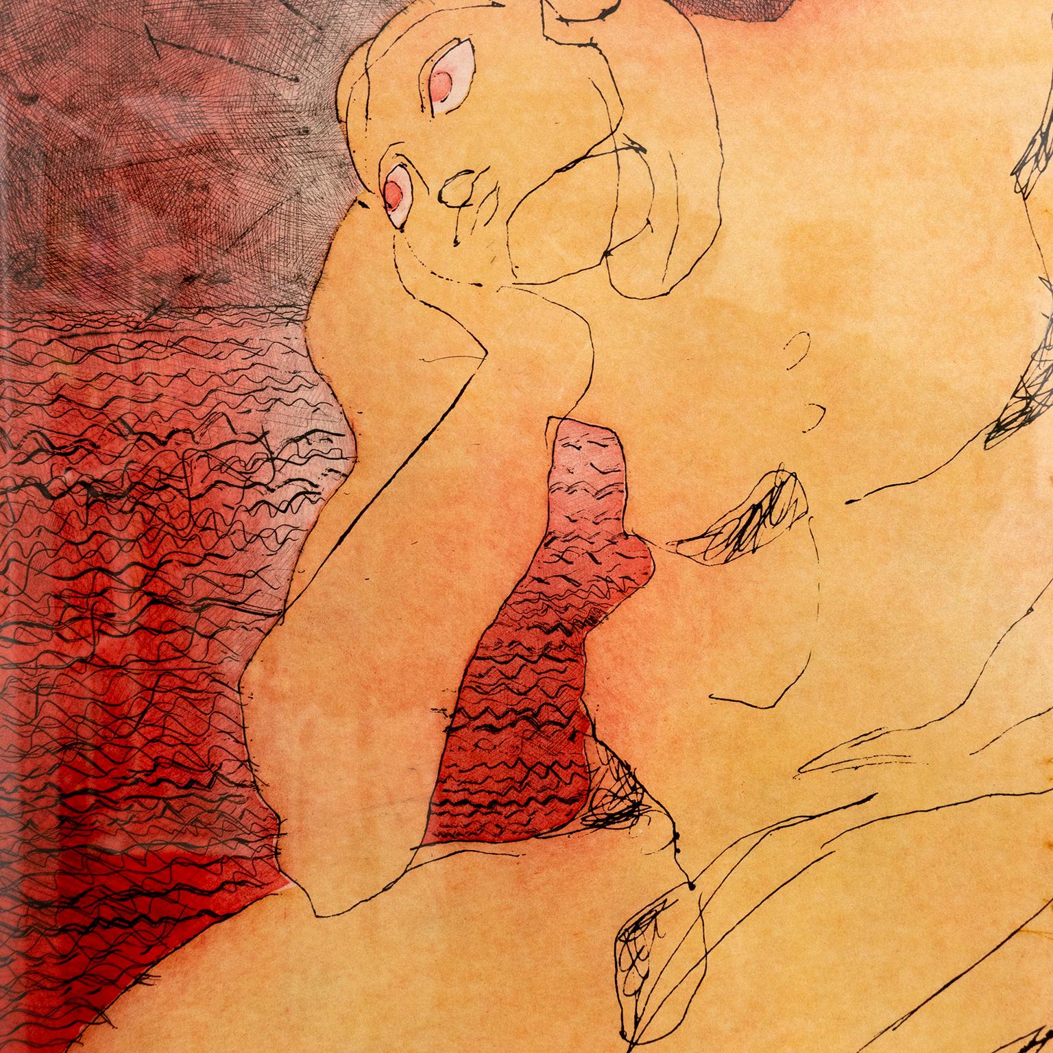 Américain Sandro Chia Aquatint Print in Red & Yellow, « Man & Sea » Post Modern en vente