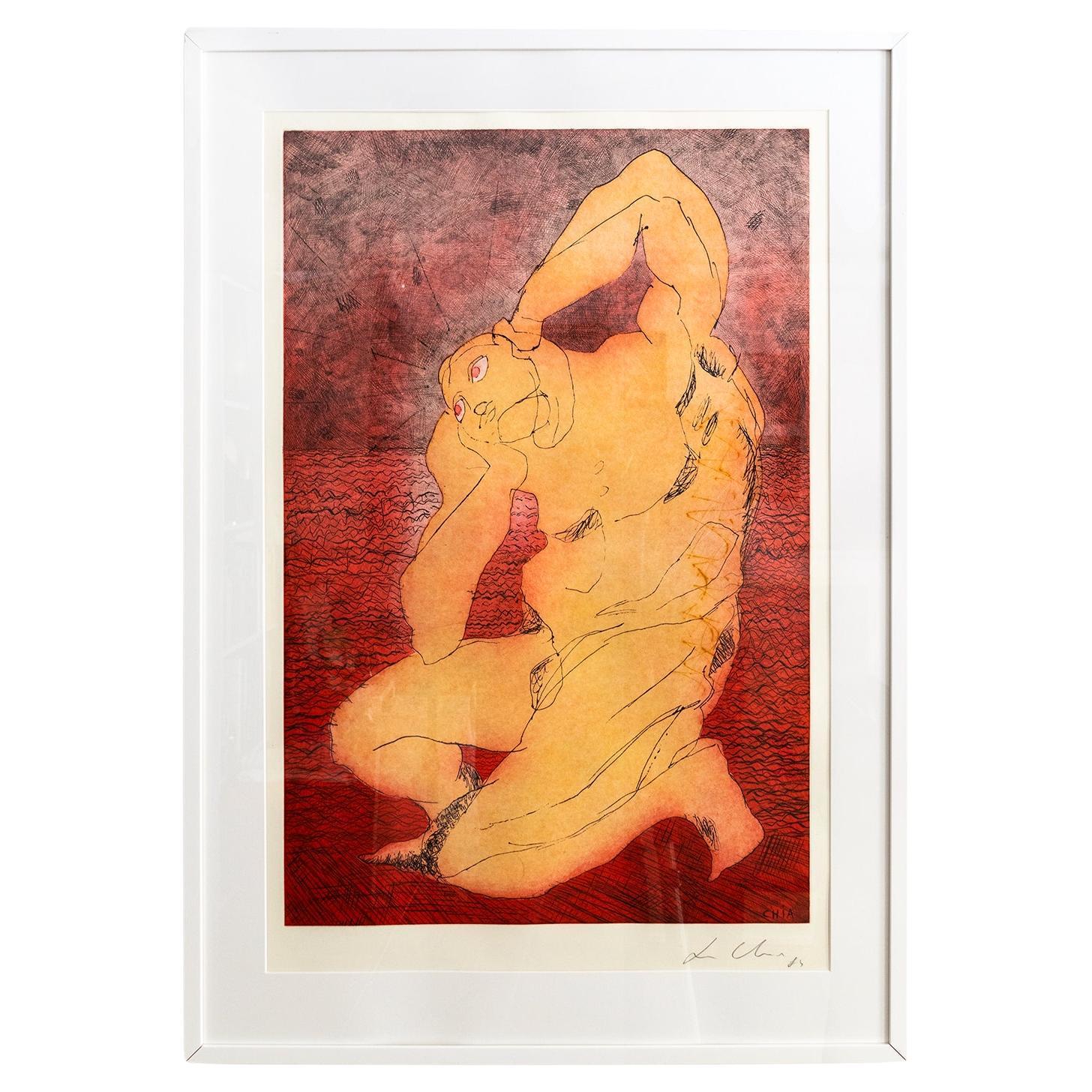 Sandro Chia Aquatint Print in Red & Yellow, "Man & Sea" Post Modern