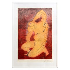 Sandro Chia Aquatint Print in Red & Yellow, "Man & Sea" Post Modern