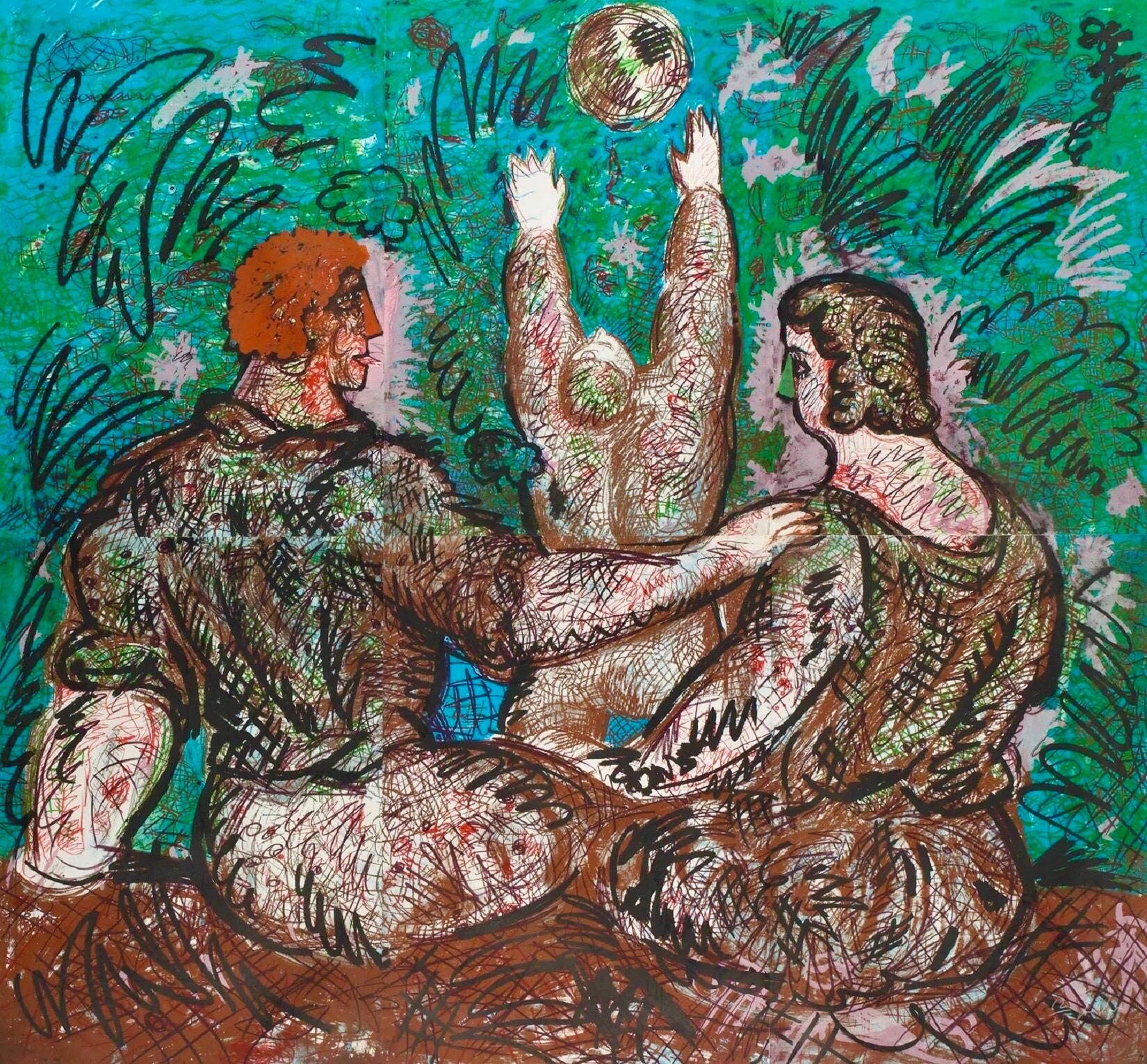 Enorme litografia 6X6 Italiana Post Modernista Figurativa Pop Art Vacanze per Bambini - Print di Sandro Chia