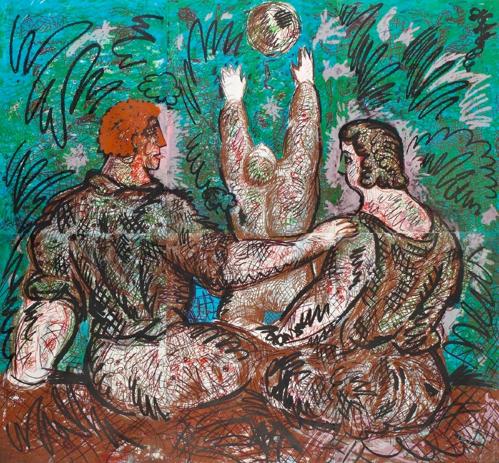 Enorme litografia 6X6 Italiana Post Modernista Figurativa Pop Art Vacanze per Bambini - Landscape Print Grigio di Sandro Chia