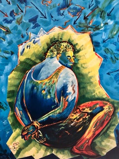 Large lithograph Italian Post Modernist Bright Figurative Pop Art Bound Man Tied