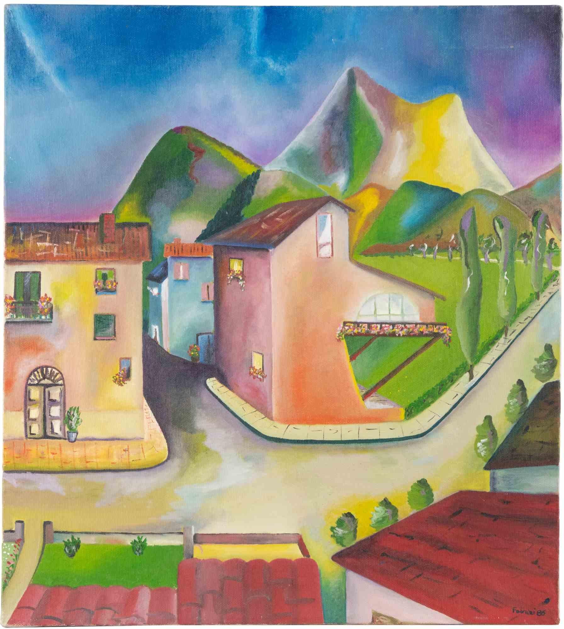 Landscape ist ein originelles zeitgenössisches Kunstwerk von Sandro Fabrizi aus dem Jahr 1986.

Gemischtes farbiges Öl auf Leinwand.

Am unteren Rand handsigniert und datiert.