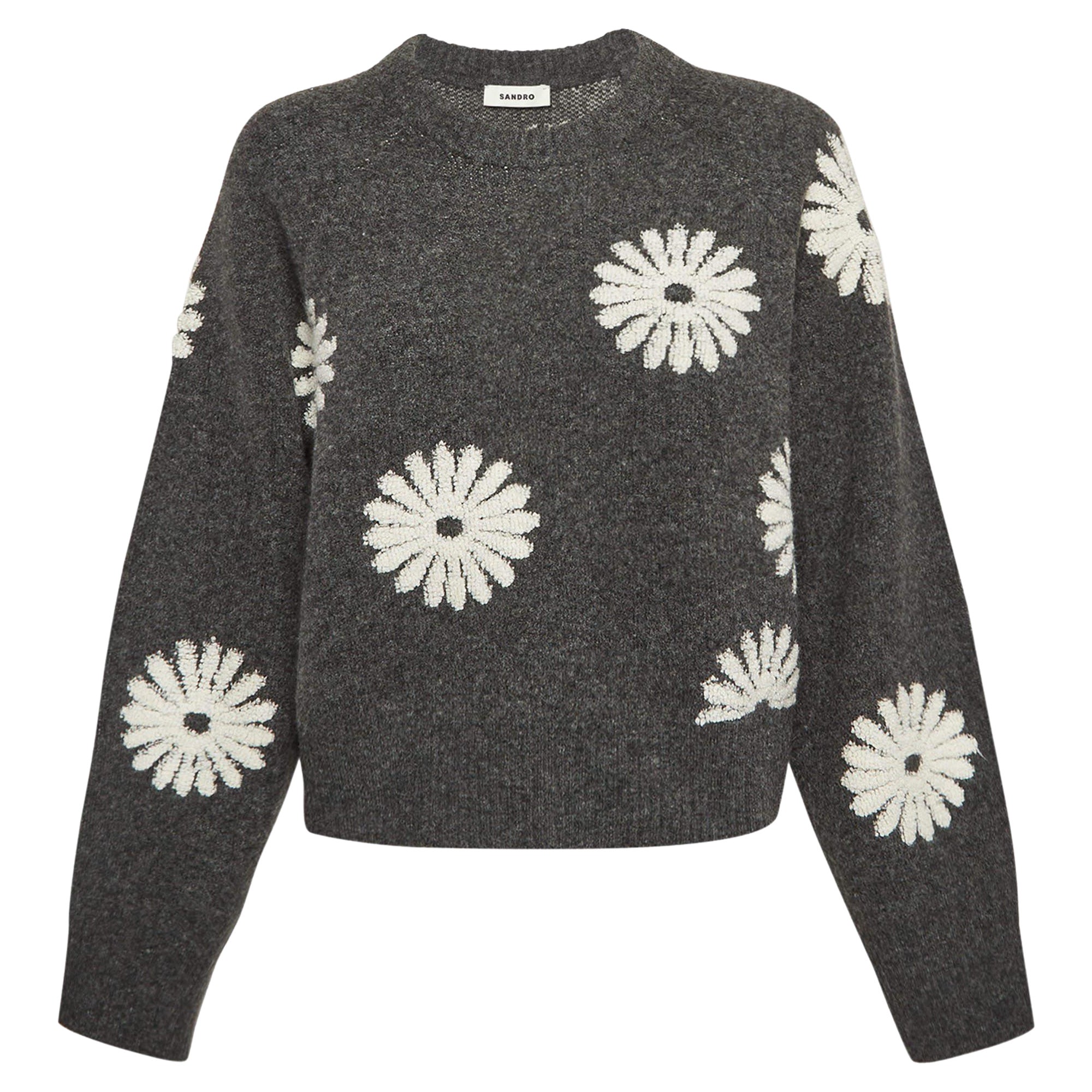 Sandro - Pull en maille Intarsia à fleurs grises L