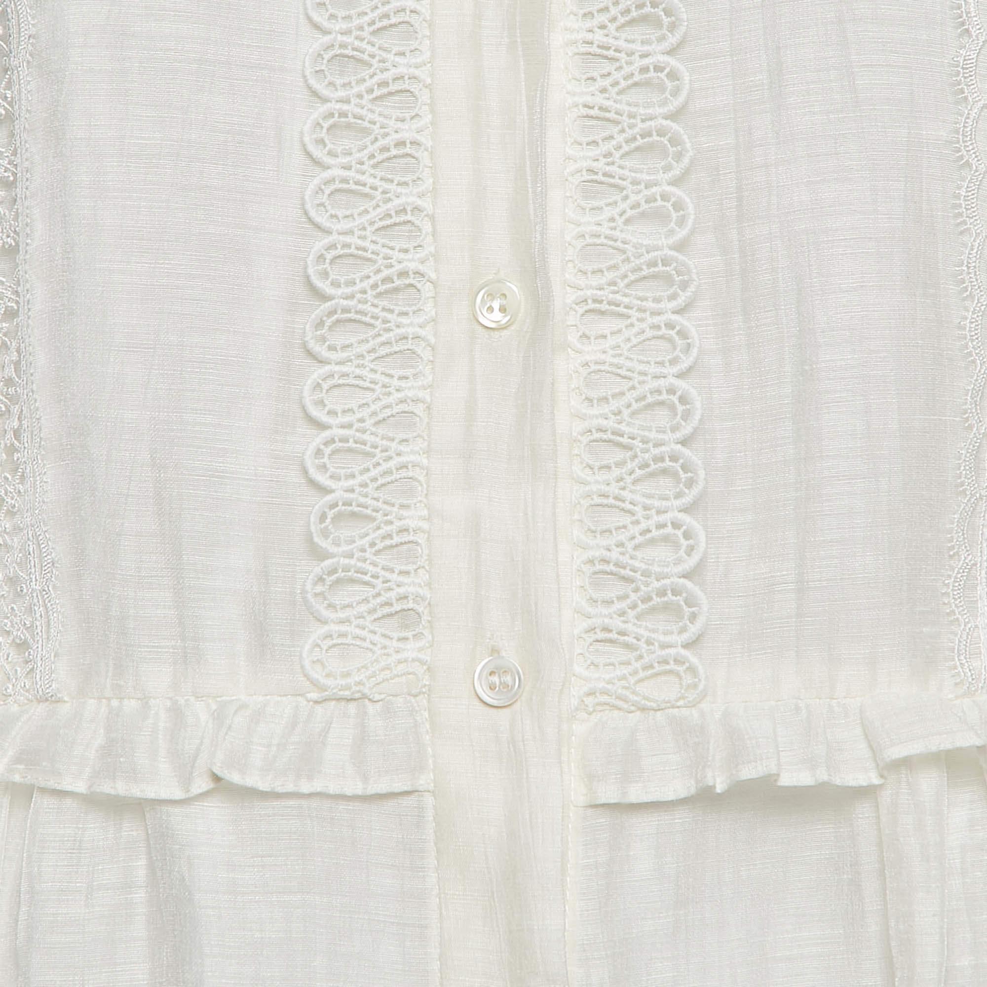 Sandro Ivory White Lace Trim Linen Button Front Midi Dress L In New Condition In Dubai, Al Qouz 2