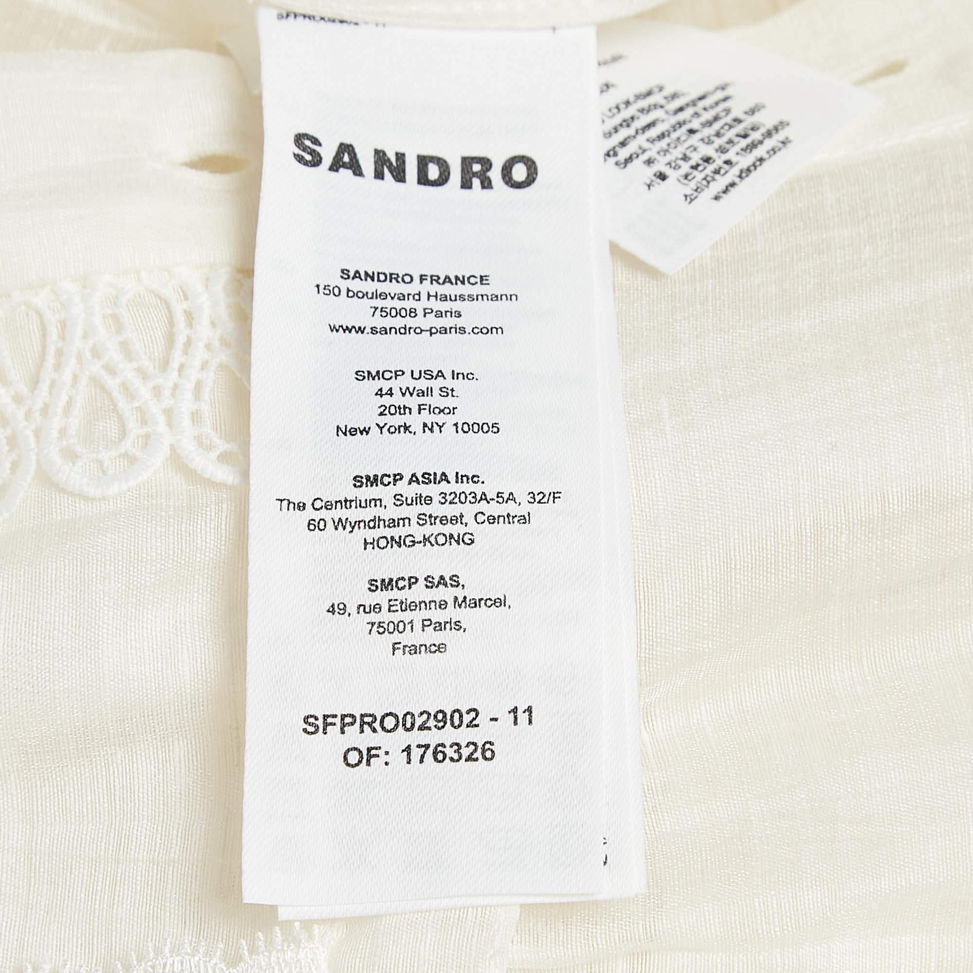 Sandro Ivory White Lace Trim Linen Button Front Midi Dress L 2