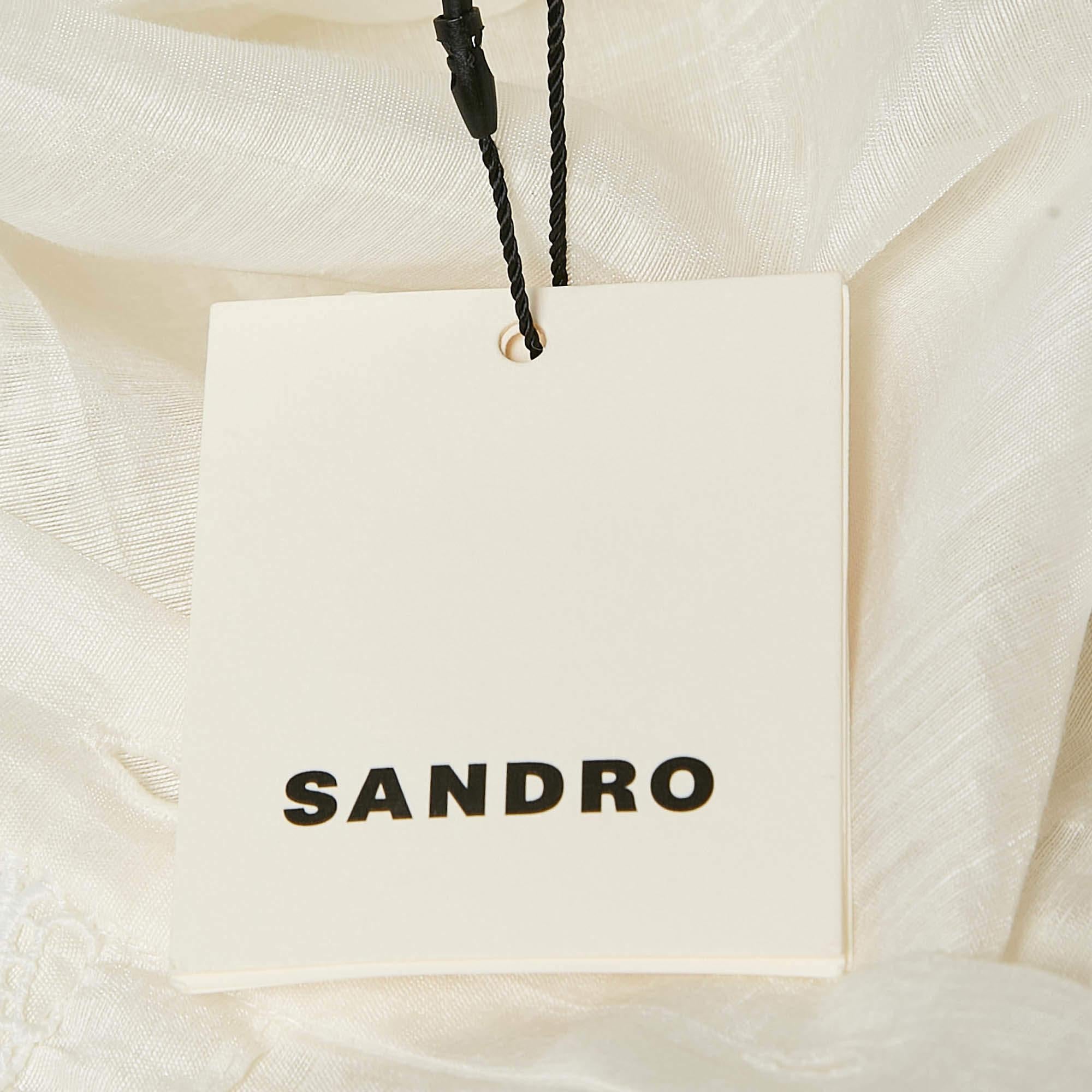 Sandro Ivory White Lace Trim Linen Button Front Midi Dress L 3