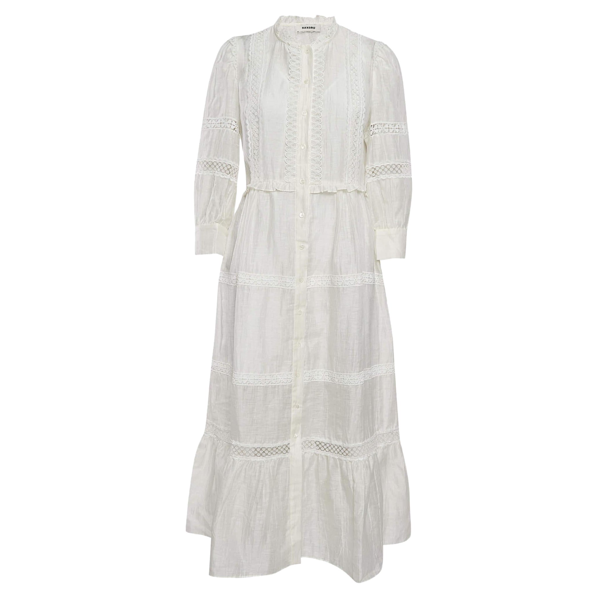 Sandro Ivory White Lace Trim Linen Button Front Midi Dress L