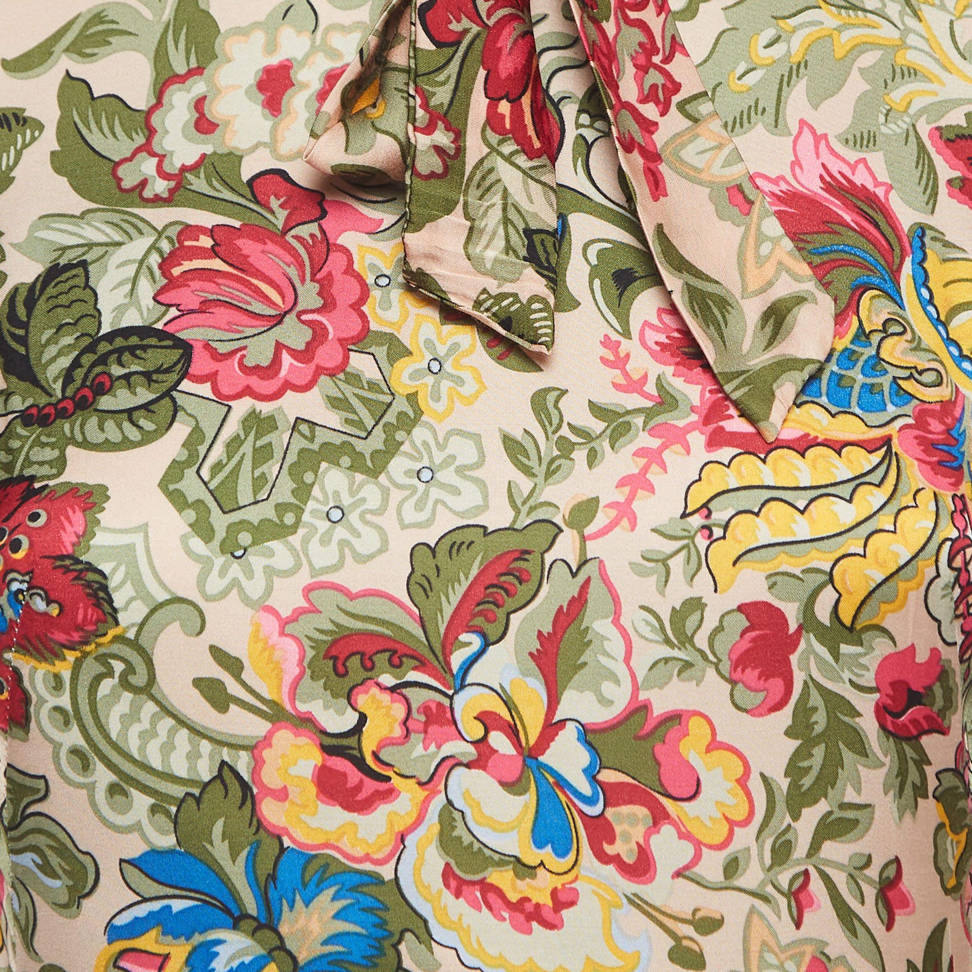 Sandro Multicolor Floral Print Crepe Neck Tie Detail Midi Dress S In Good Condition In Dubai, Al Qouz 2