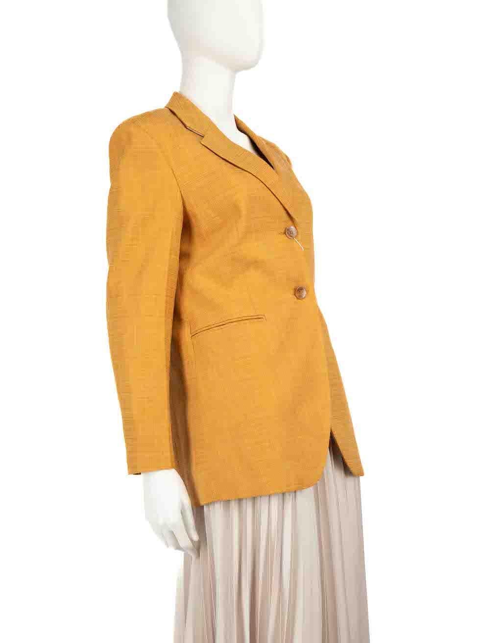 CONDITION is Never worn, with tags. No visible wear to blazer is evident on this new Sandro designer resale item.
 
 
 
 Details
 
 
 Mustard yellow
 
 Viscose
 
 Blazer
 
 Shoulder pads
 
 Long sleeves
 
 Mid length
 
 Single breasted
 
 Button up