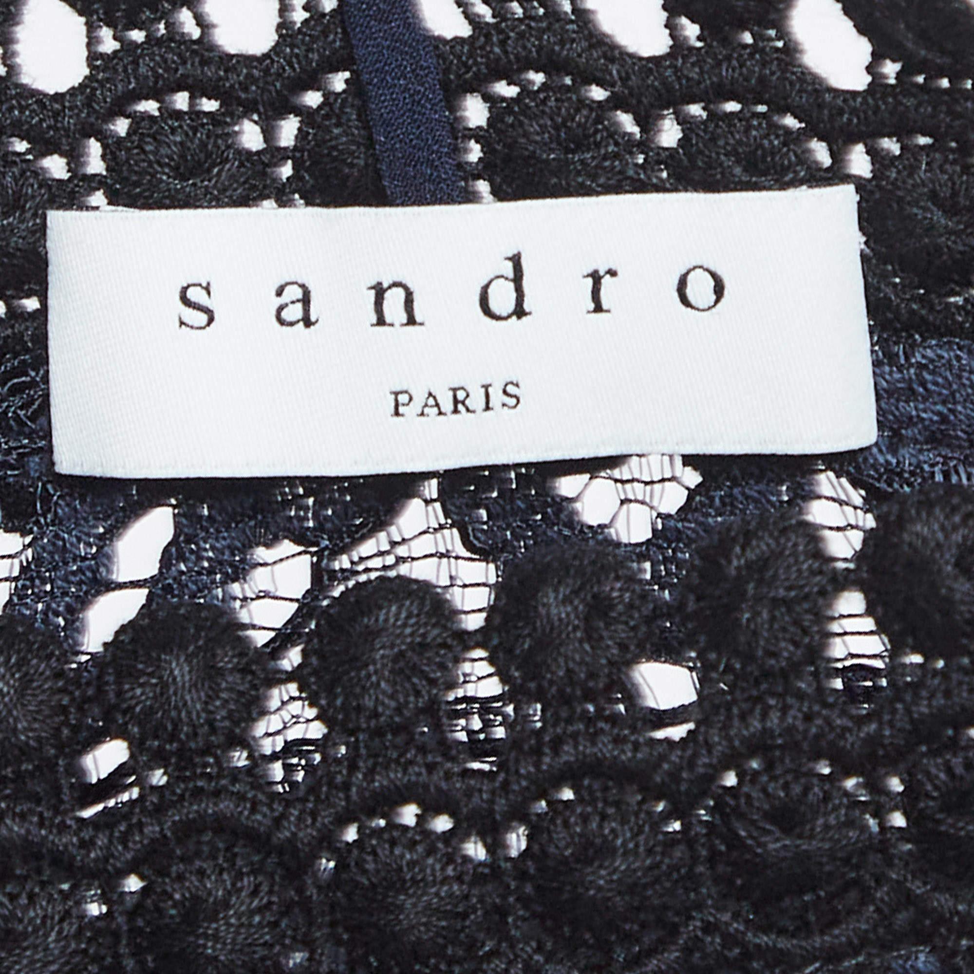 Sandro Navy Blue Emeline Lace Midi Dress S In Excellent Condition For Sale In Dubai, Al Qouz 2