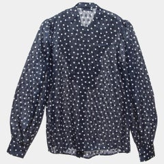 Sandro Navy Blue Metallic Thread Polka Dot Chiffon Shirt XS