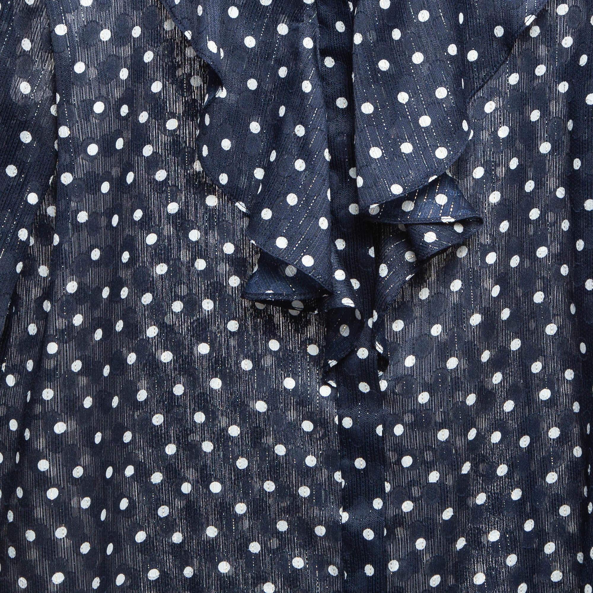 Black Sandro Navy Blue Metallic Thread Polka Dot Chiffon Shirt XS For Sale