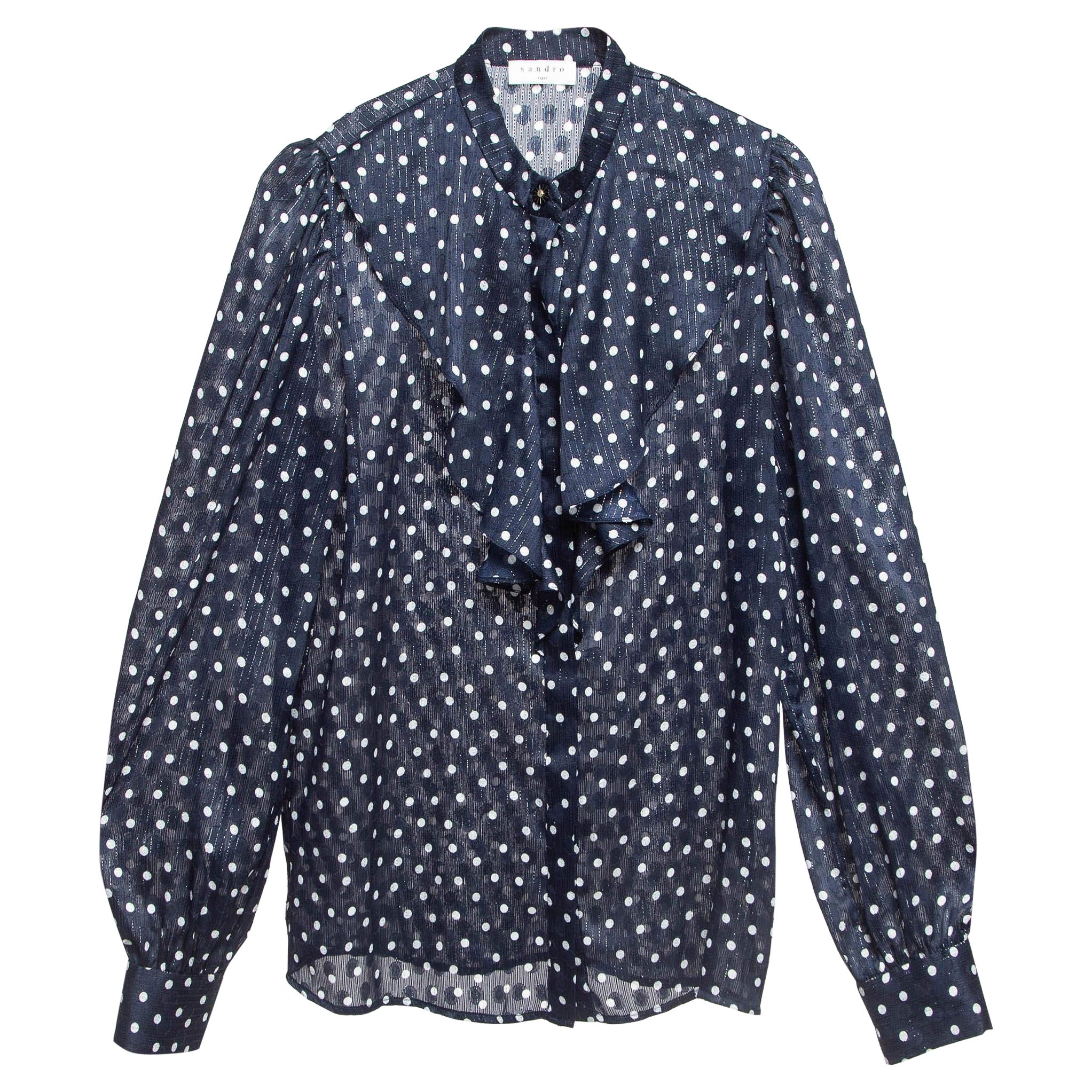 Sandro Marineblaues gepunktetes Chiffonhemd mit Metallic-Fäden XS