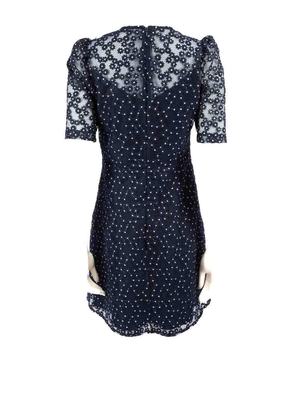 Sandro Navy Floral Lace Crystal Collar Dress Size M In Good Condition For Sale In London, GB