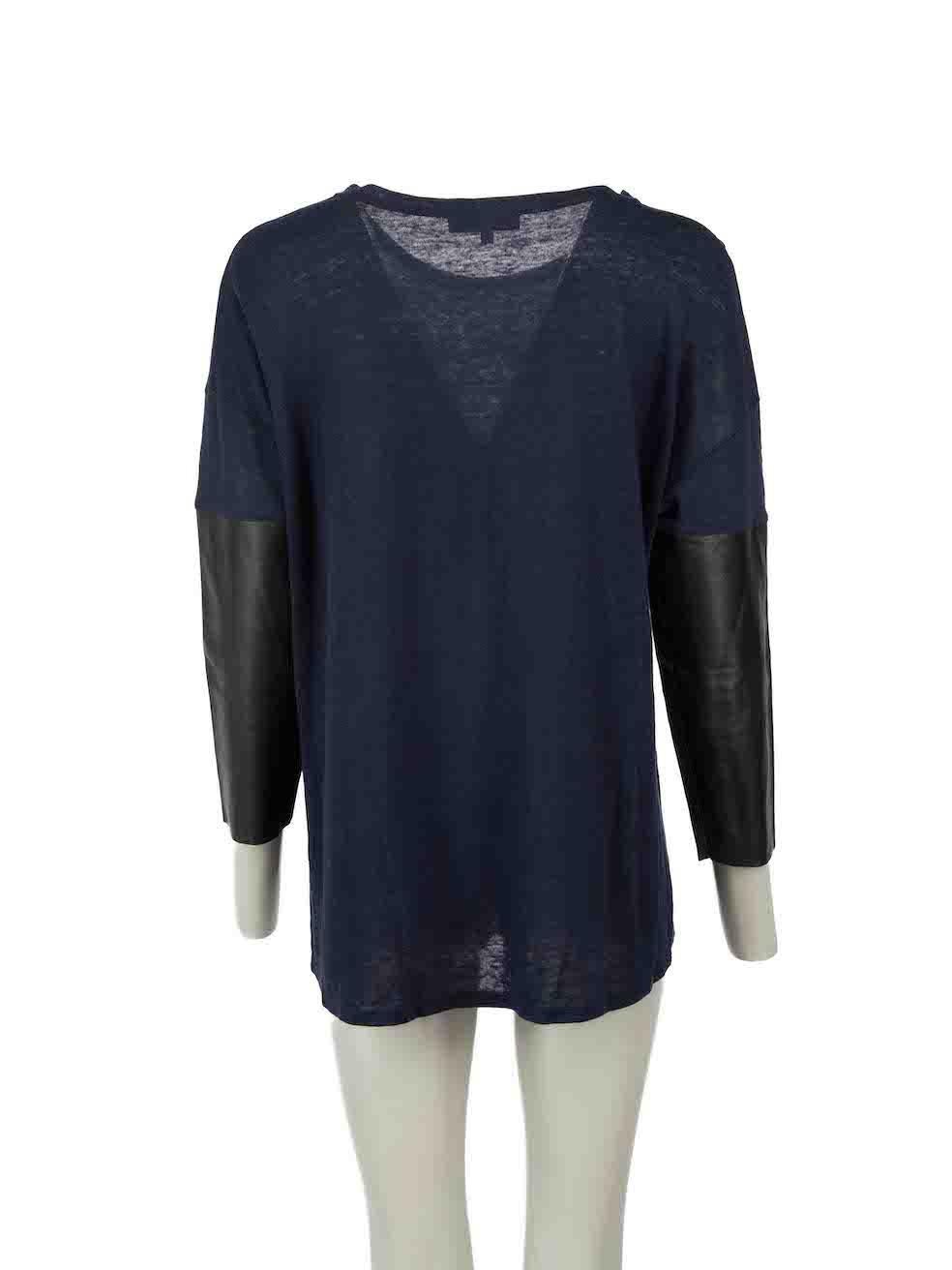 Sandro Navy Leather Accent Sleeve Jumper Size M In Excellent Condition For Sale In London, GB