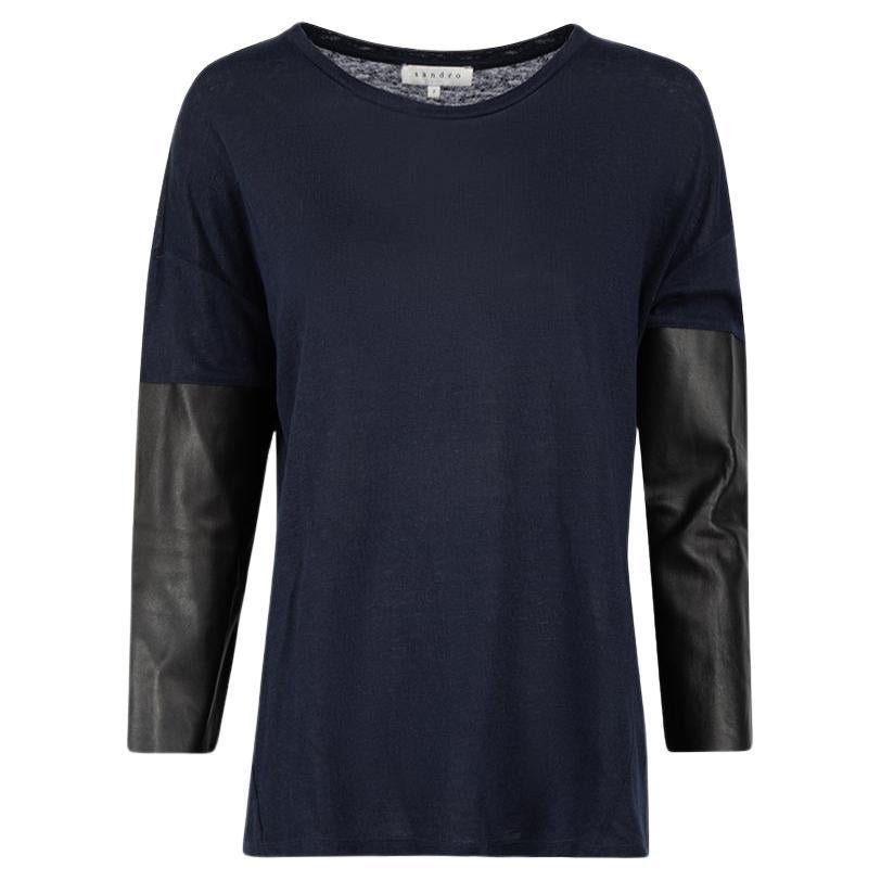 Sandro Navy Leather Accent Sleeve Jumper Size M For Sale