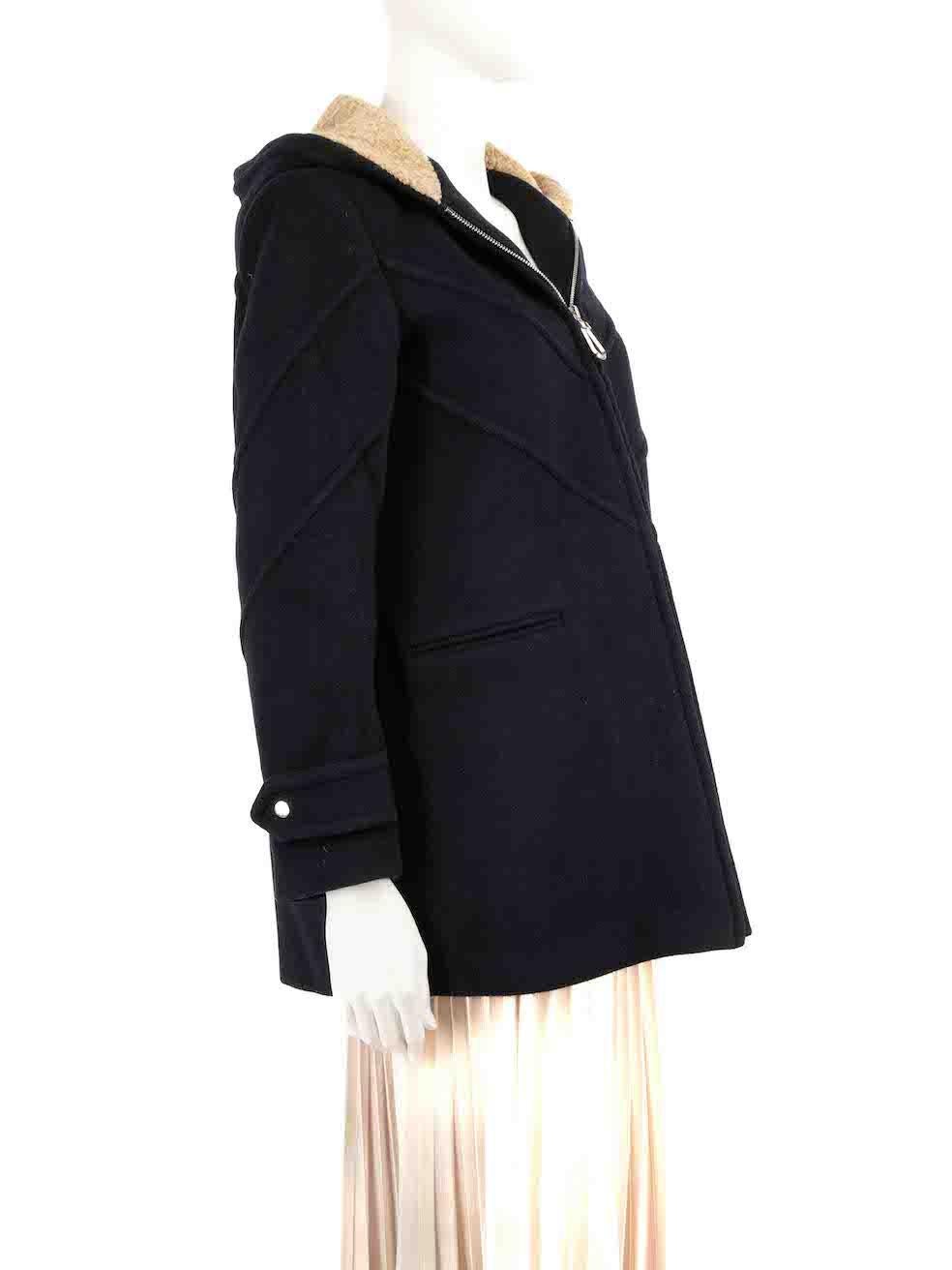 CONDITION is Very good. Hardly any visible wear to coat is evident on this used Sandro designer resale item.
 
 
 
 Details
 
 
 Phraise model
 
 Navy
 
 Wool
 
 Parka coat
 
 Front zip closure
 
 Hooded
 
 Buttoned cuffs
 
 2x Front side pockets
 

